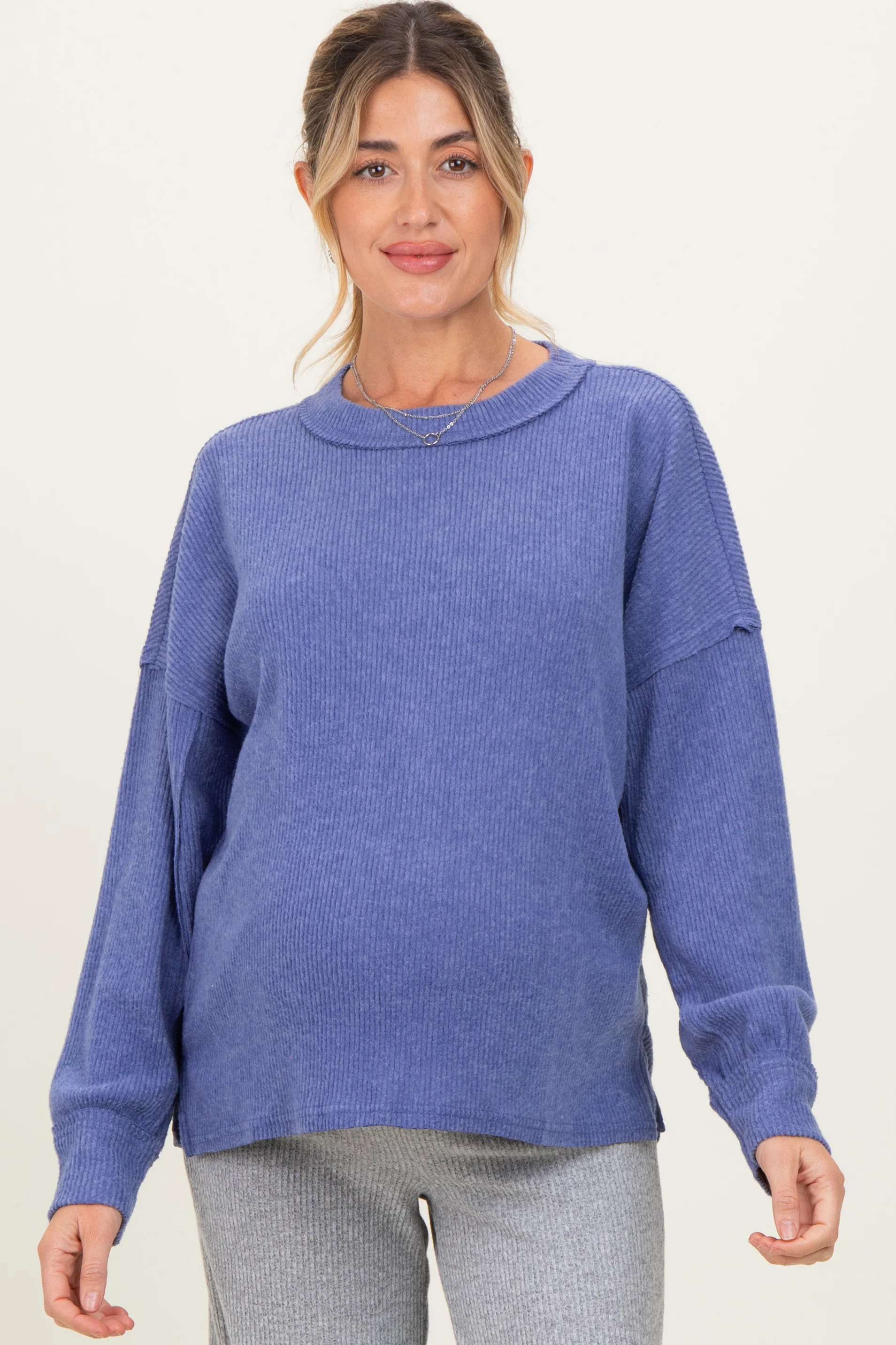 Periwinkle Brushed Ribbed Knit Maternity Pullover - Image 2
