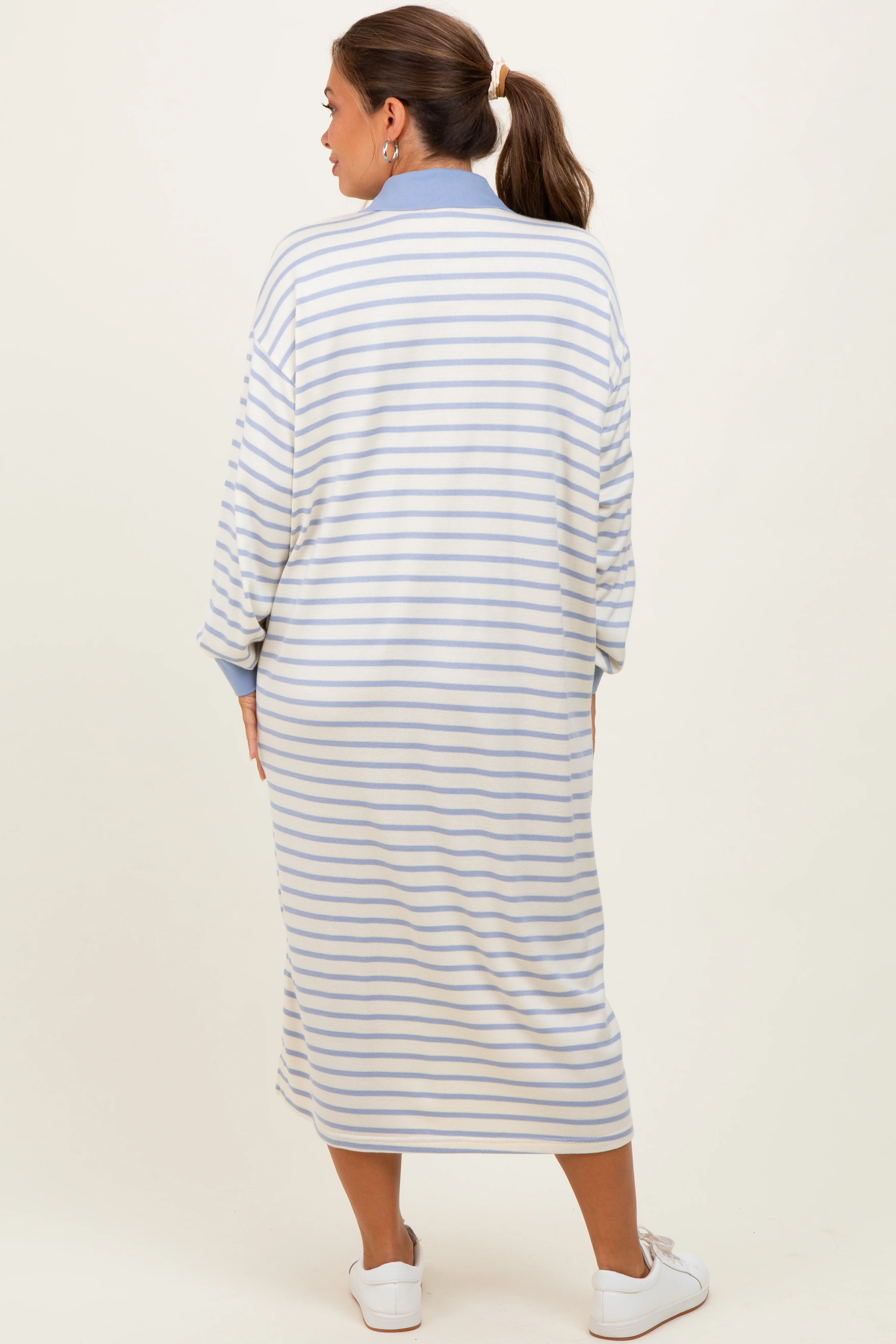 Periwinkle Stripe Snap Button Long Sleeve Maternity Midi Dress - Image 3