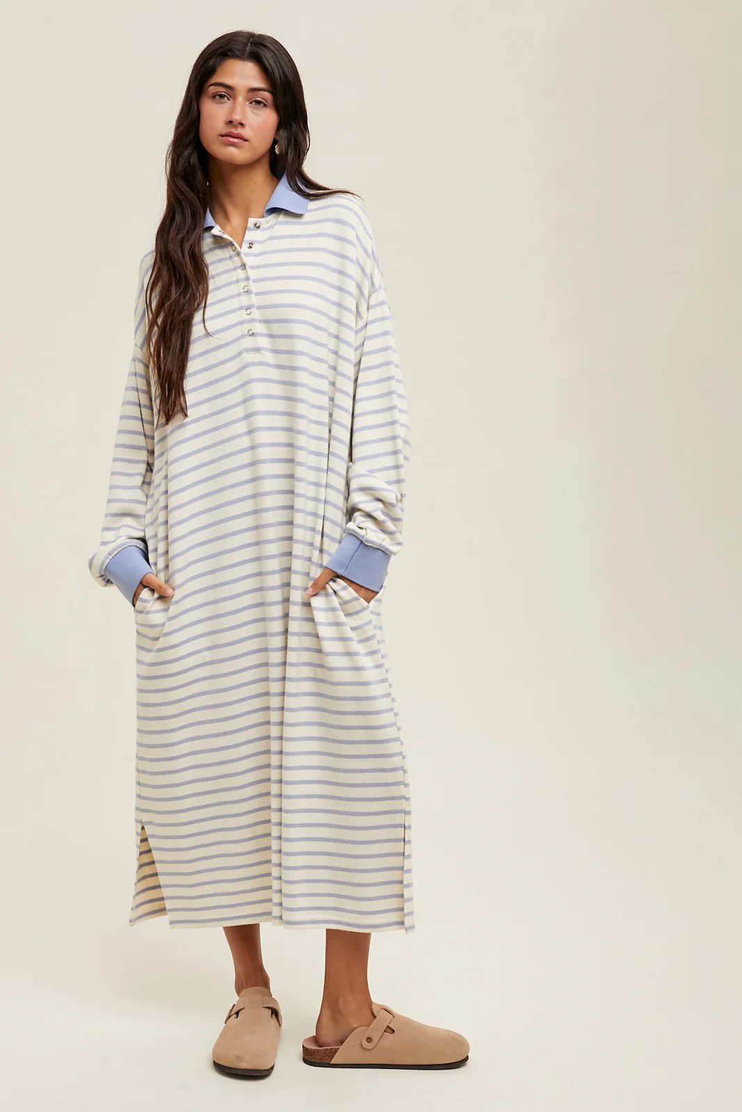 Periwinkle Stripe Snap Button Long Sleeve Maternity Midi Dress - Image 4