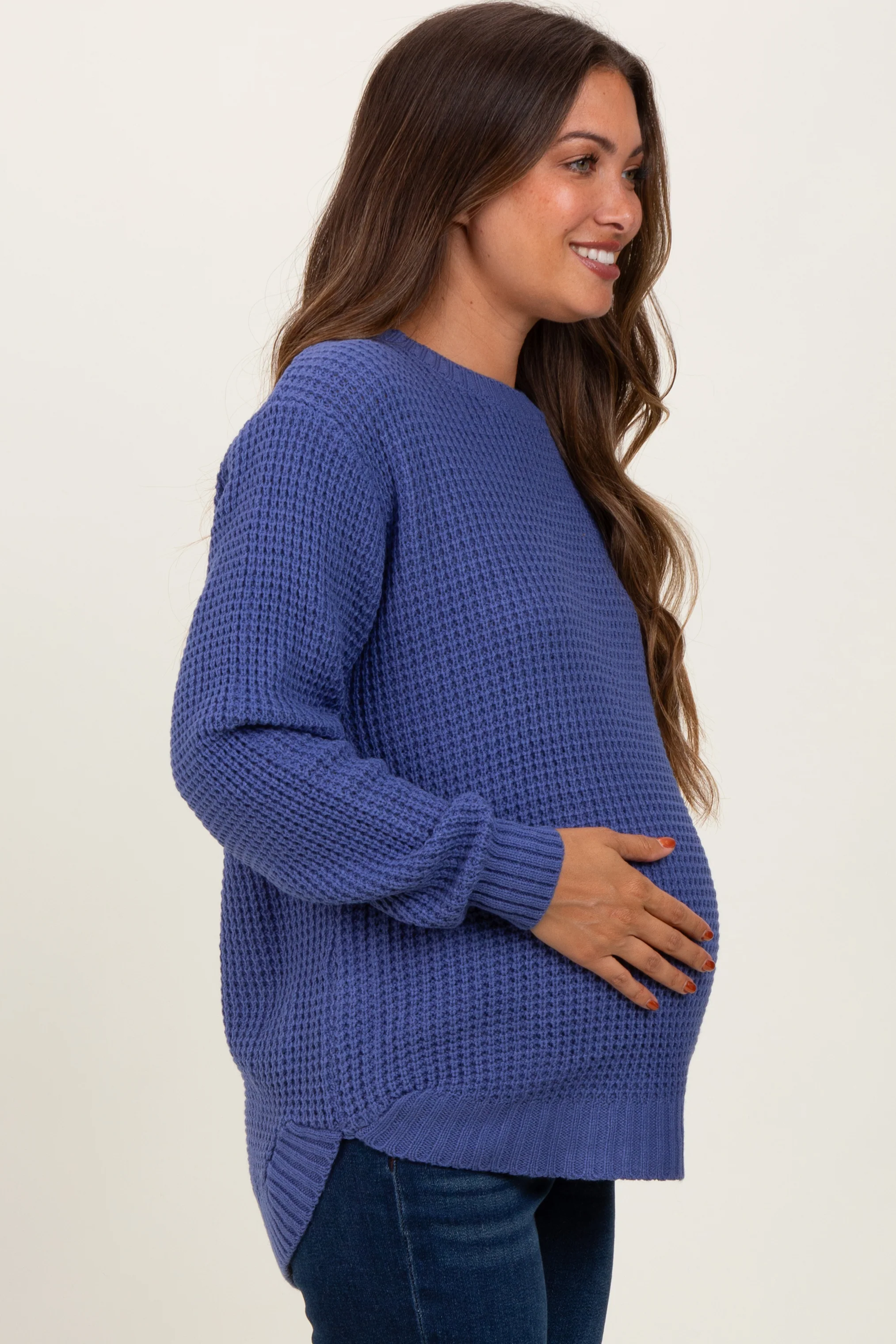 Periwinkle Waffle Knit Rounded Hem Maternity Sweater - Image 3