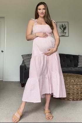 Pink Checkered Tiered Maternity Midi Dress - Image 5