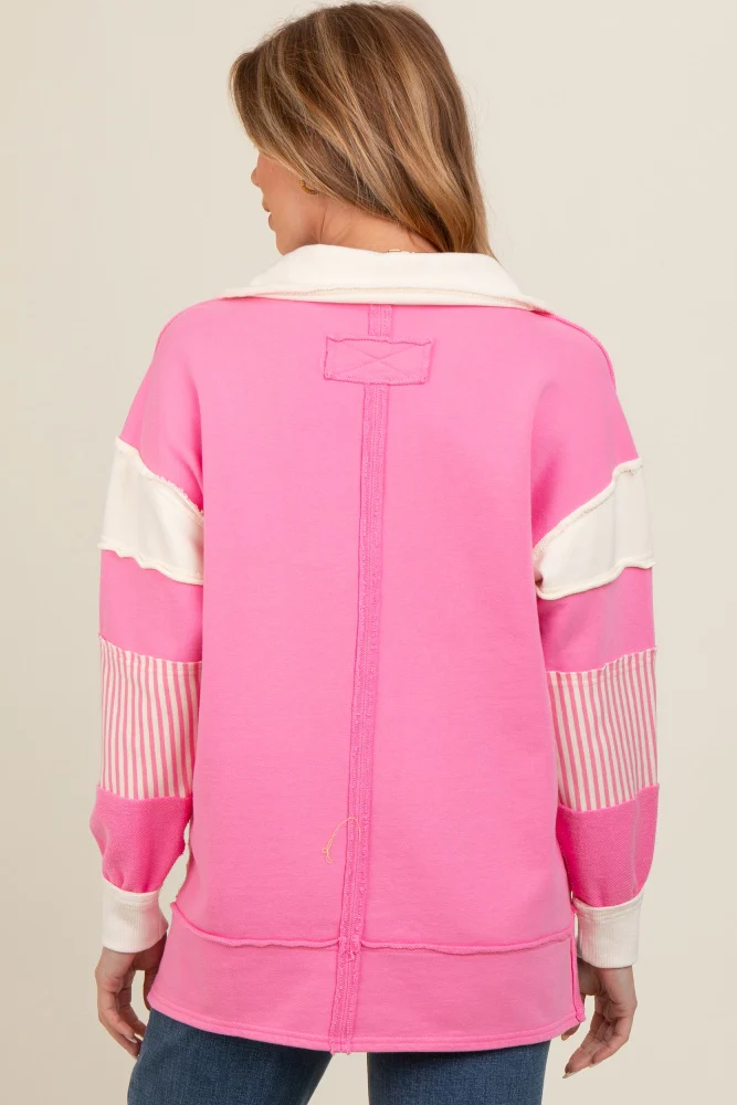 Pink Colorblock Stripe Maternity Polo Pullover Top - Image 3