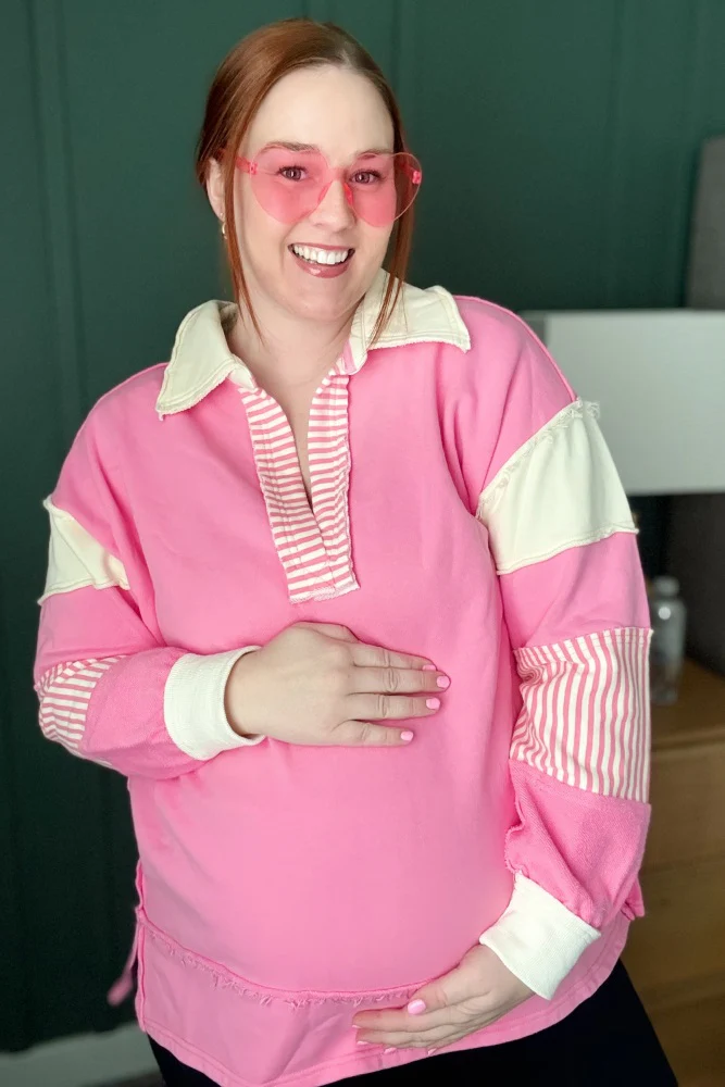 Pink Colorblock Stripe Maternity Polo Pullover Top - Image 4