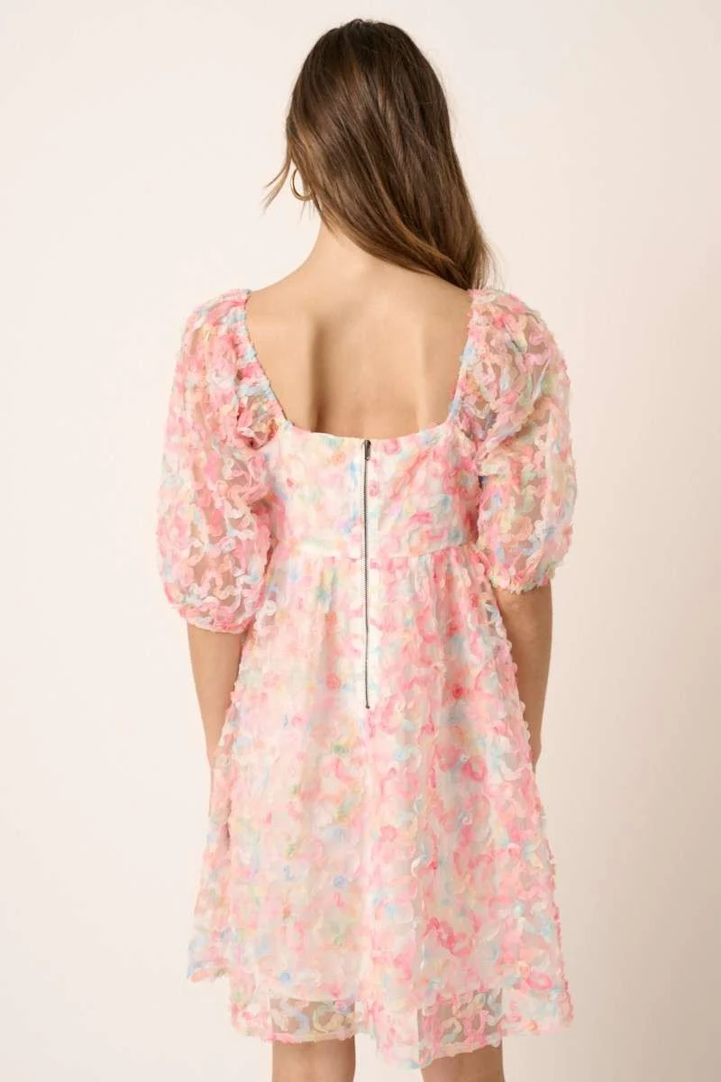Pink Combo 3D Texture Square Neck Babydoll Dress - Image 4