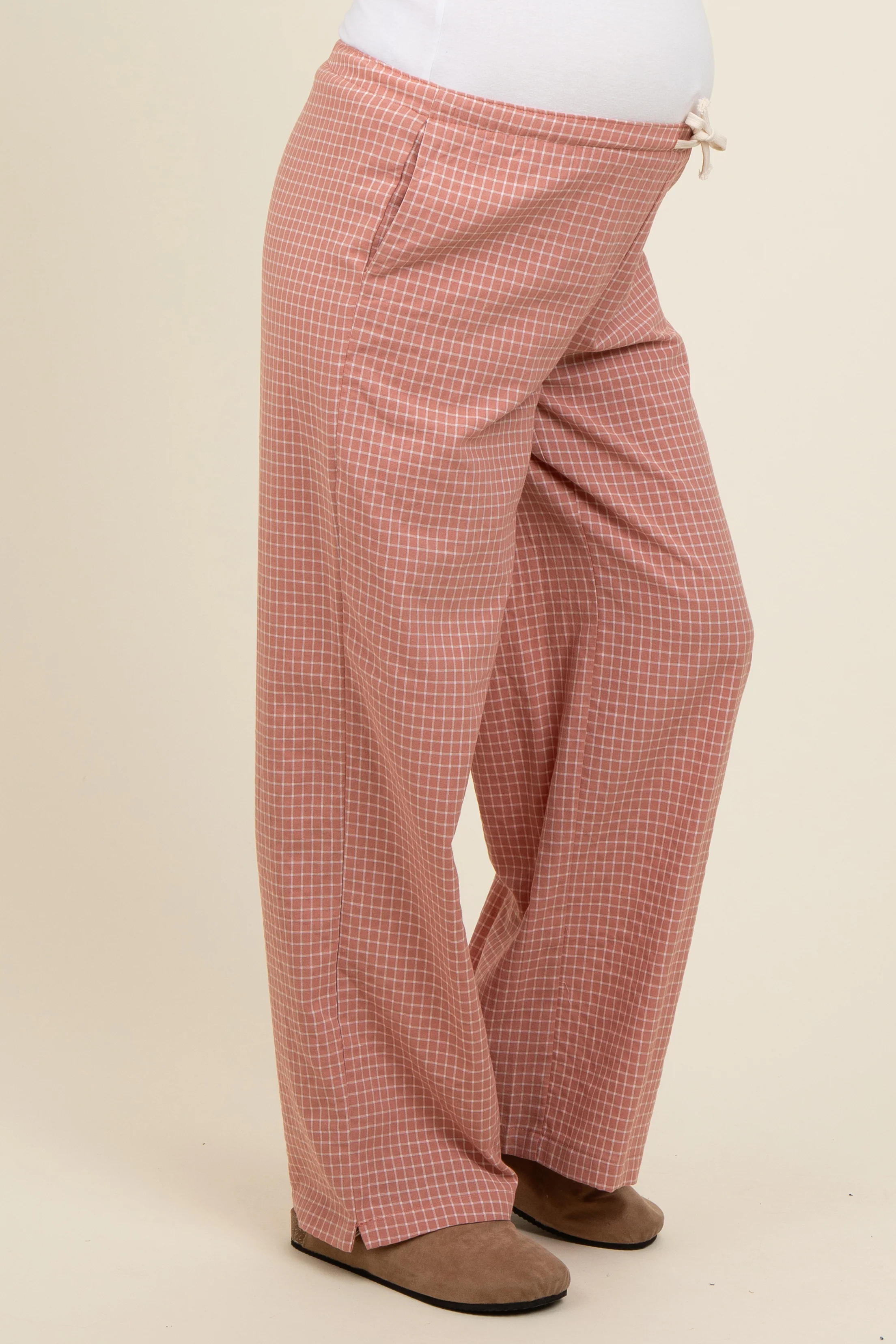 Pink Drawstring Checker Plaid Maternity Pants - Image 4
