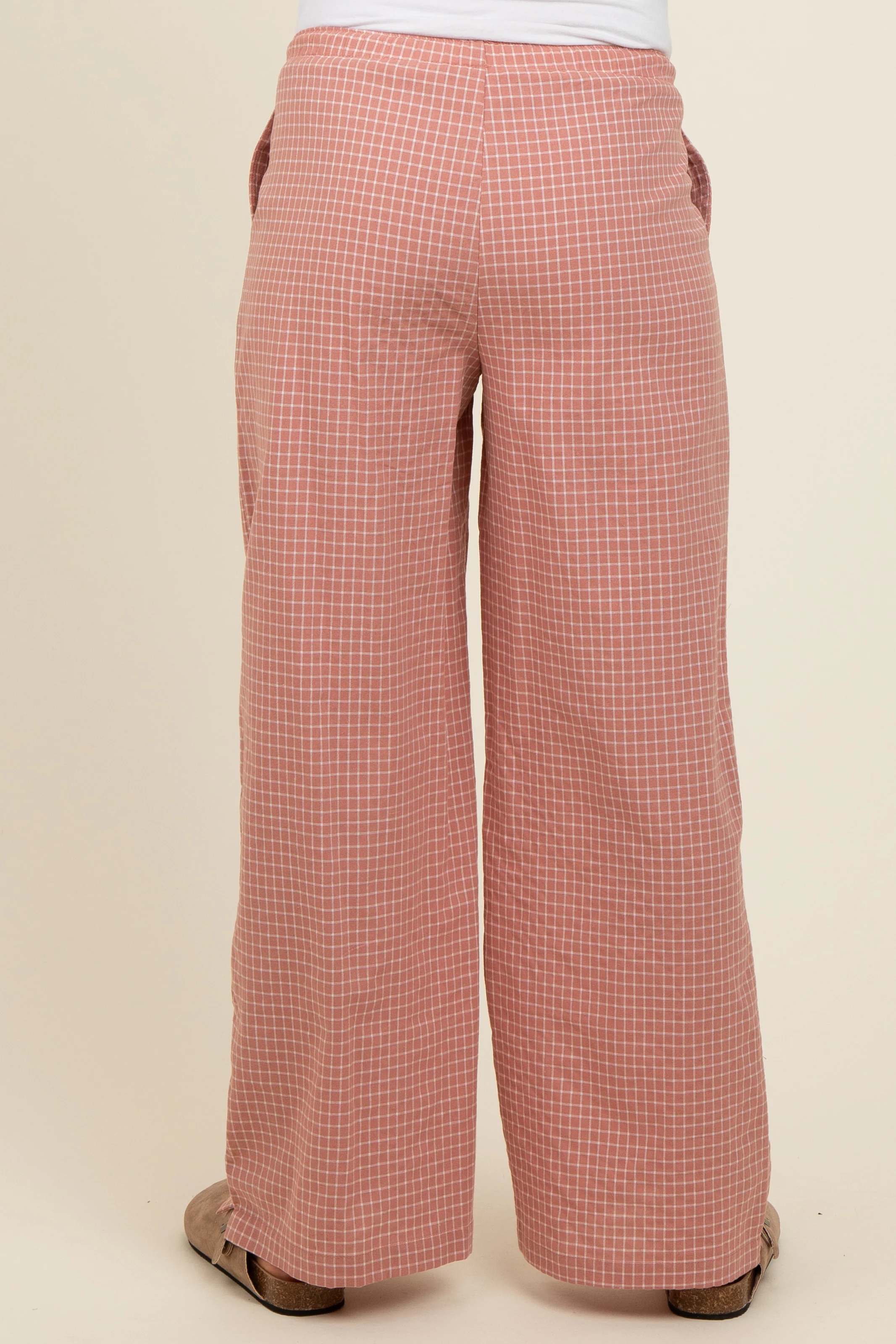 Pink Drawstring Checker Plaid Maternity Pants - Image 5