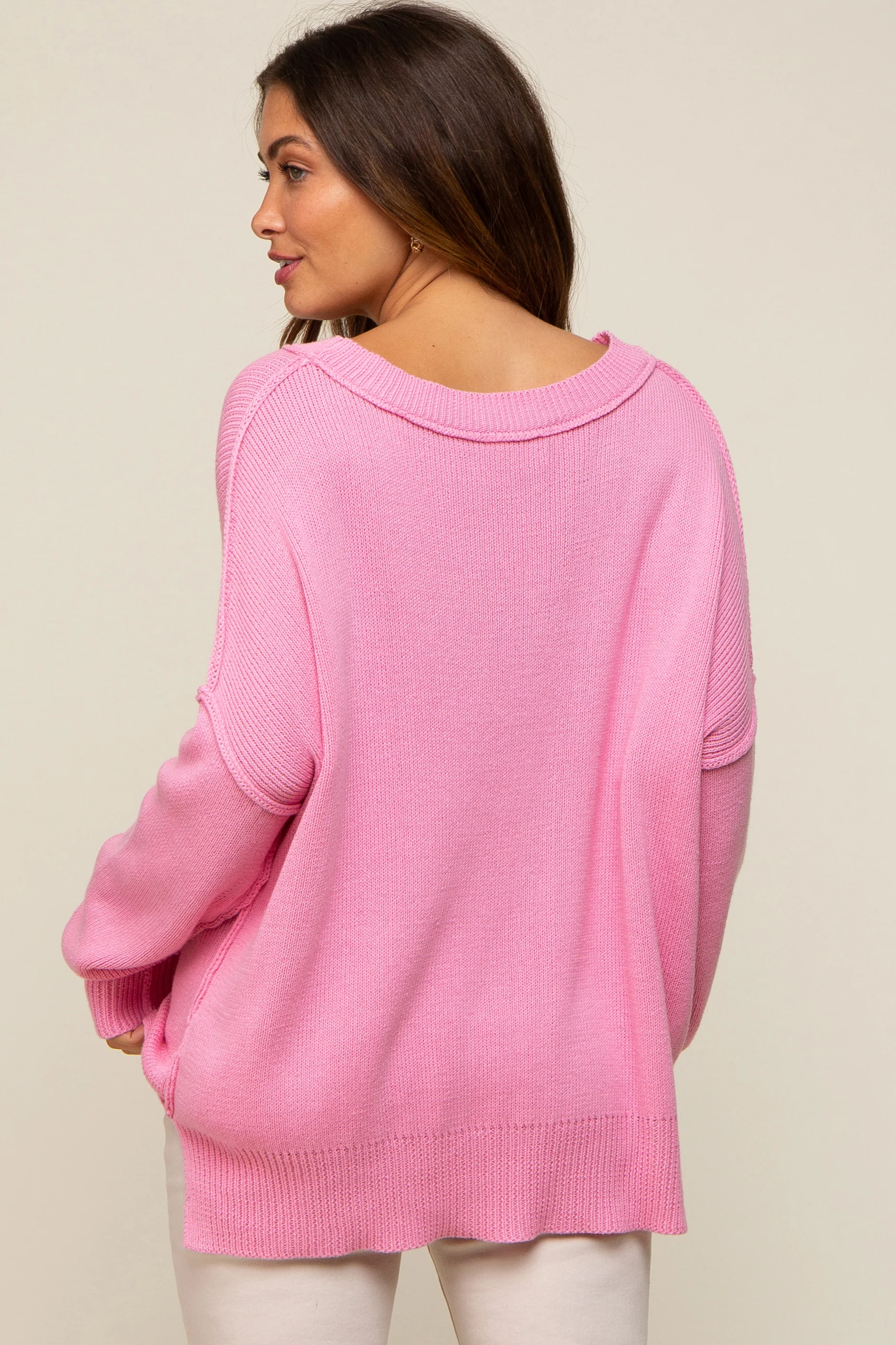 Pink Exposed Seam Side Slit Maternity Sweater - Image 4
