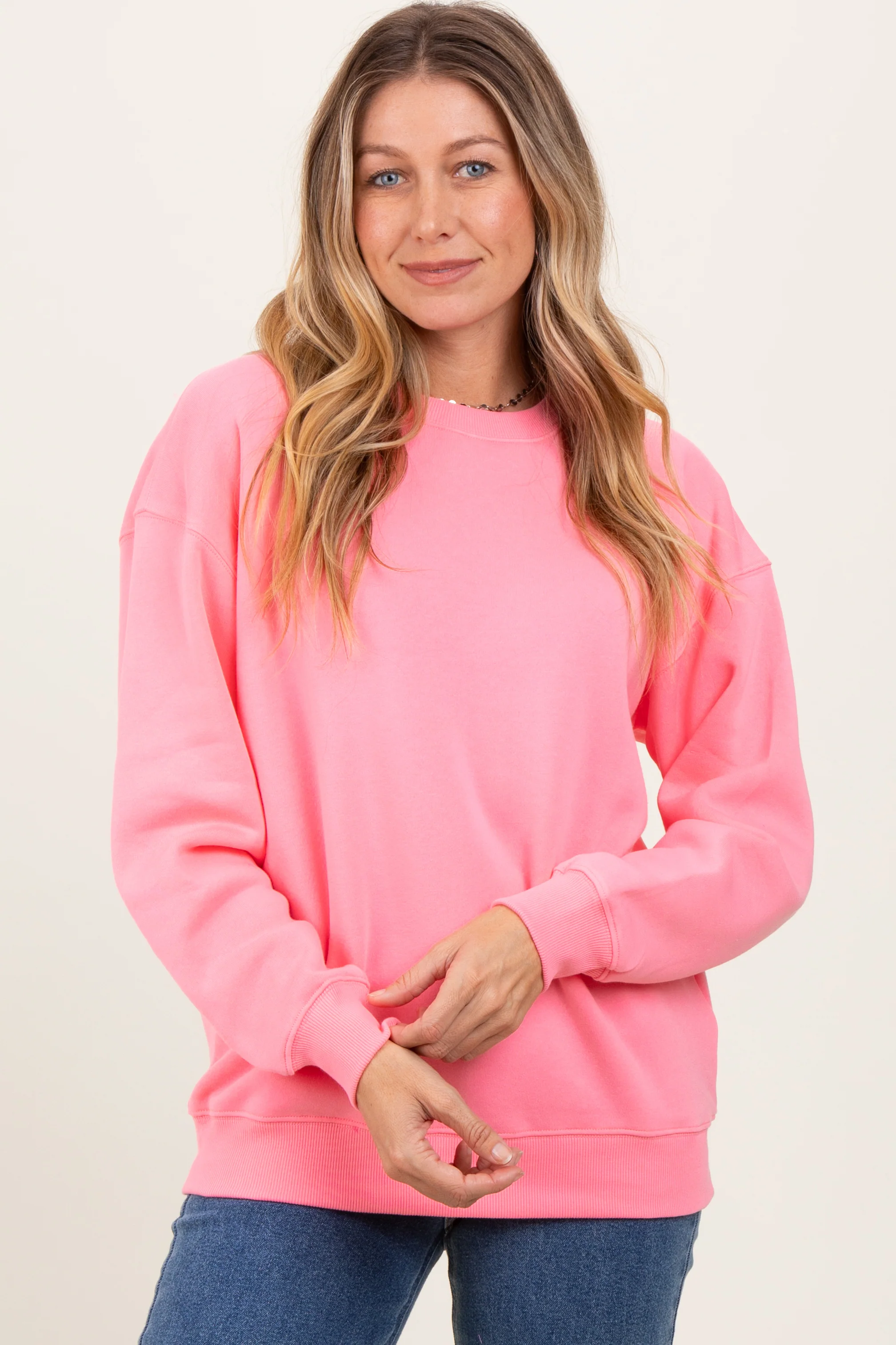 Pink Fleece Crew Neck Relaxed Fit Sweatshirt - Image 2