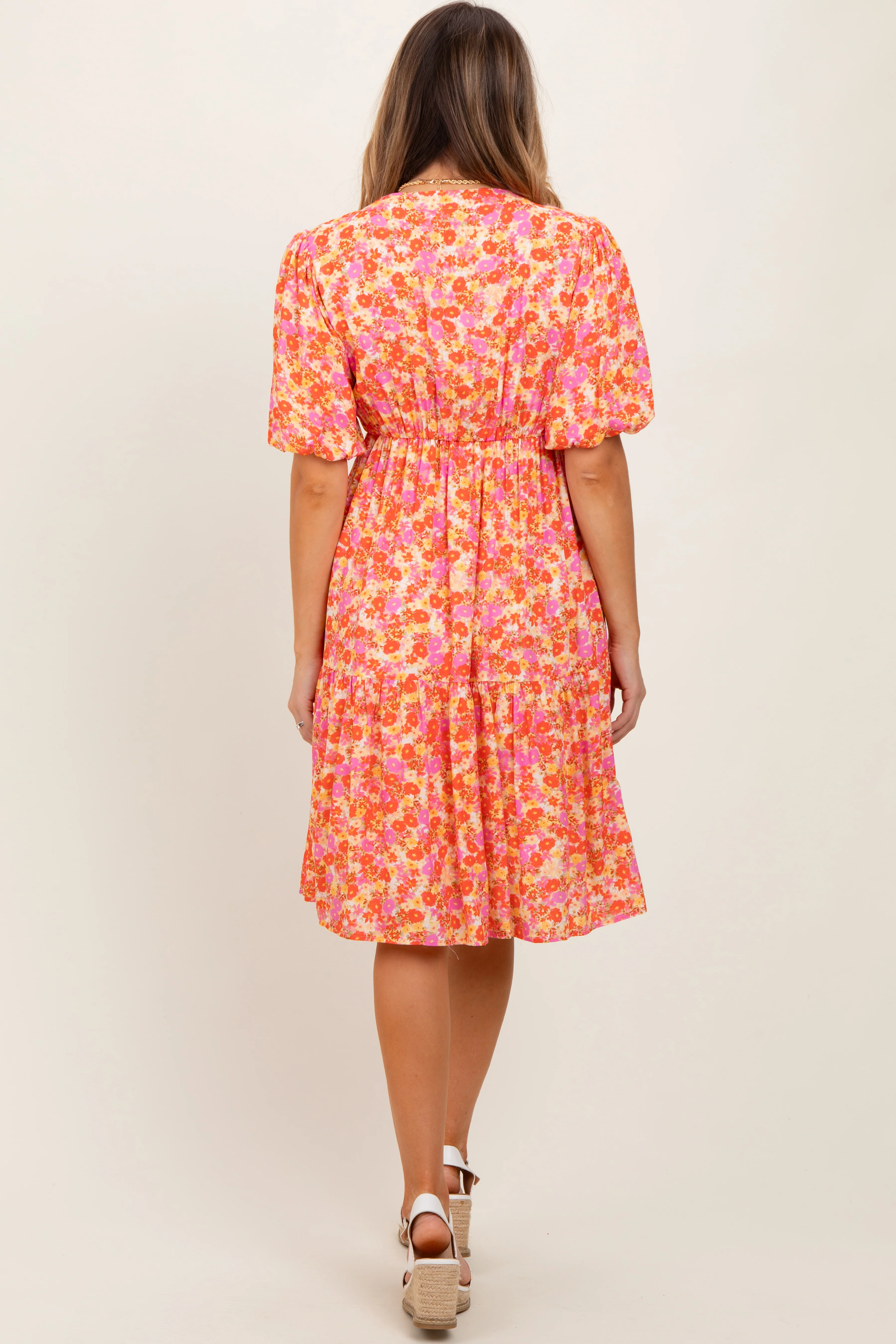 Pink Floral Button Down V-Neck Short Sleeve Dress - Image 4