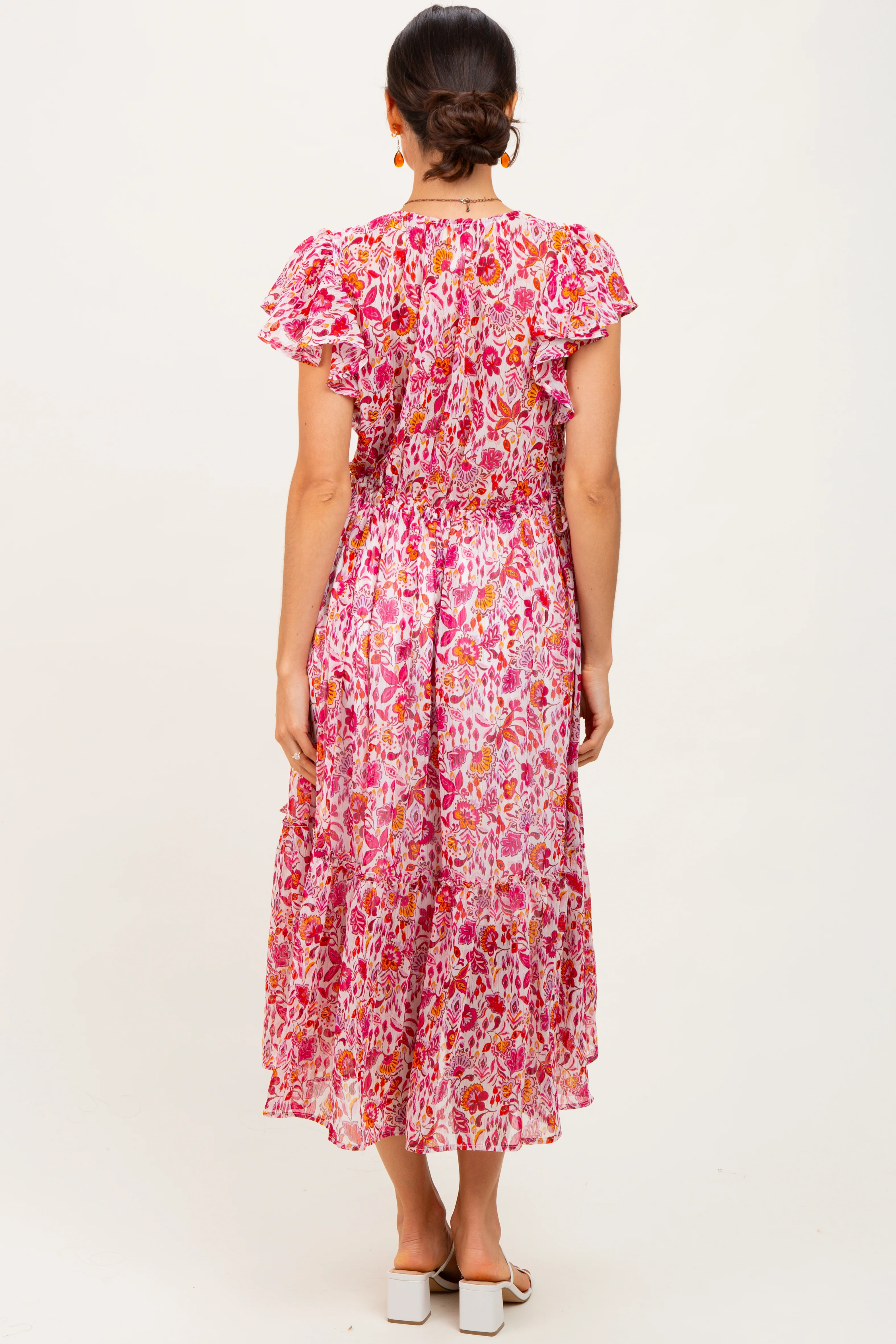 Pink Floral Chiffon Flutter Sleeve Ruffle Hem Midi Dress - Image 4