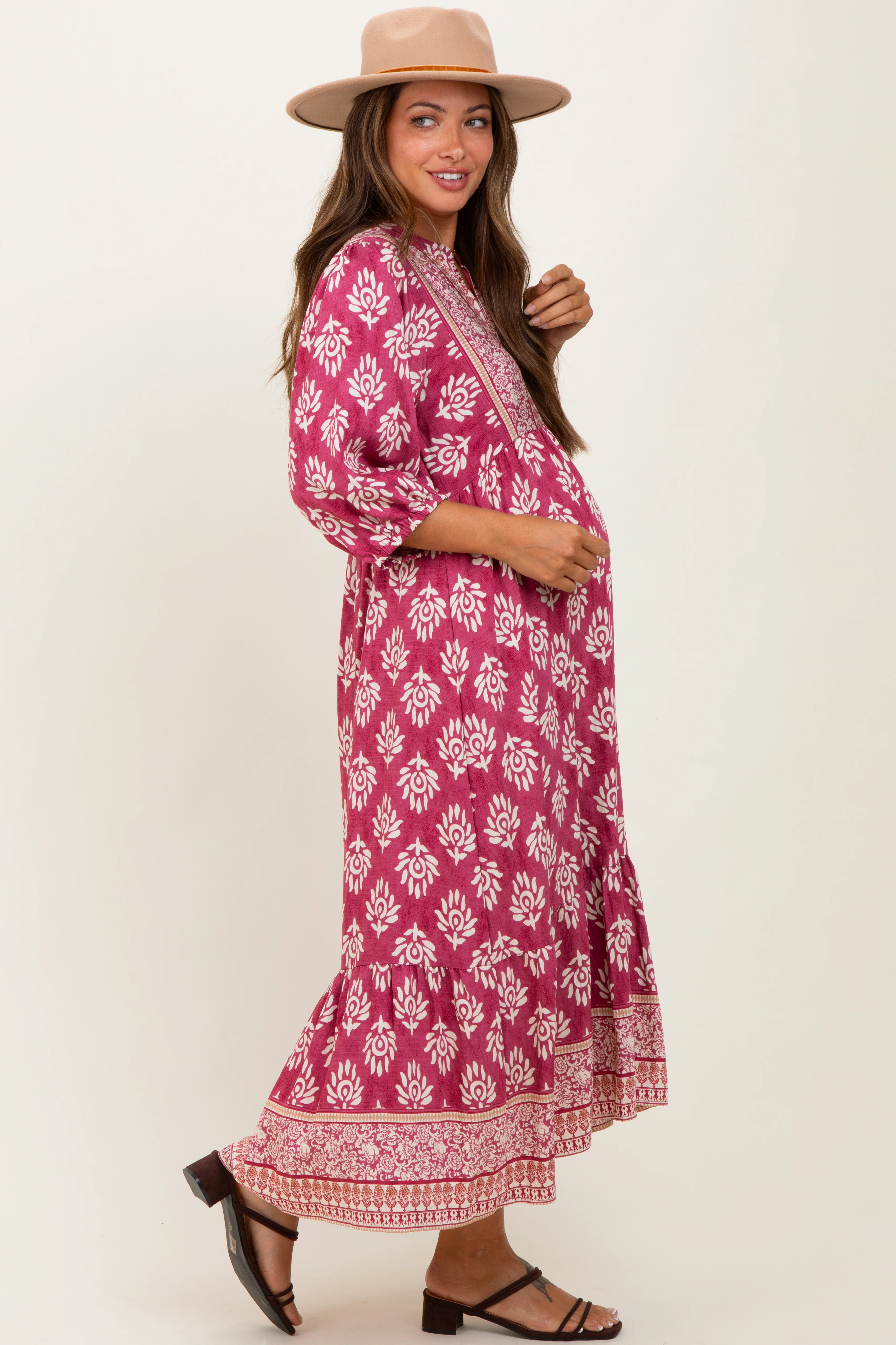 Pink Floral Contrast Print 3/4 Sleeve Maternity Midi Dress - Image 3