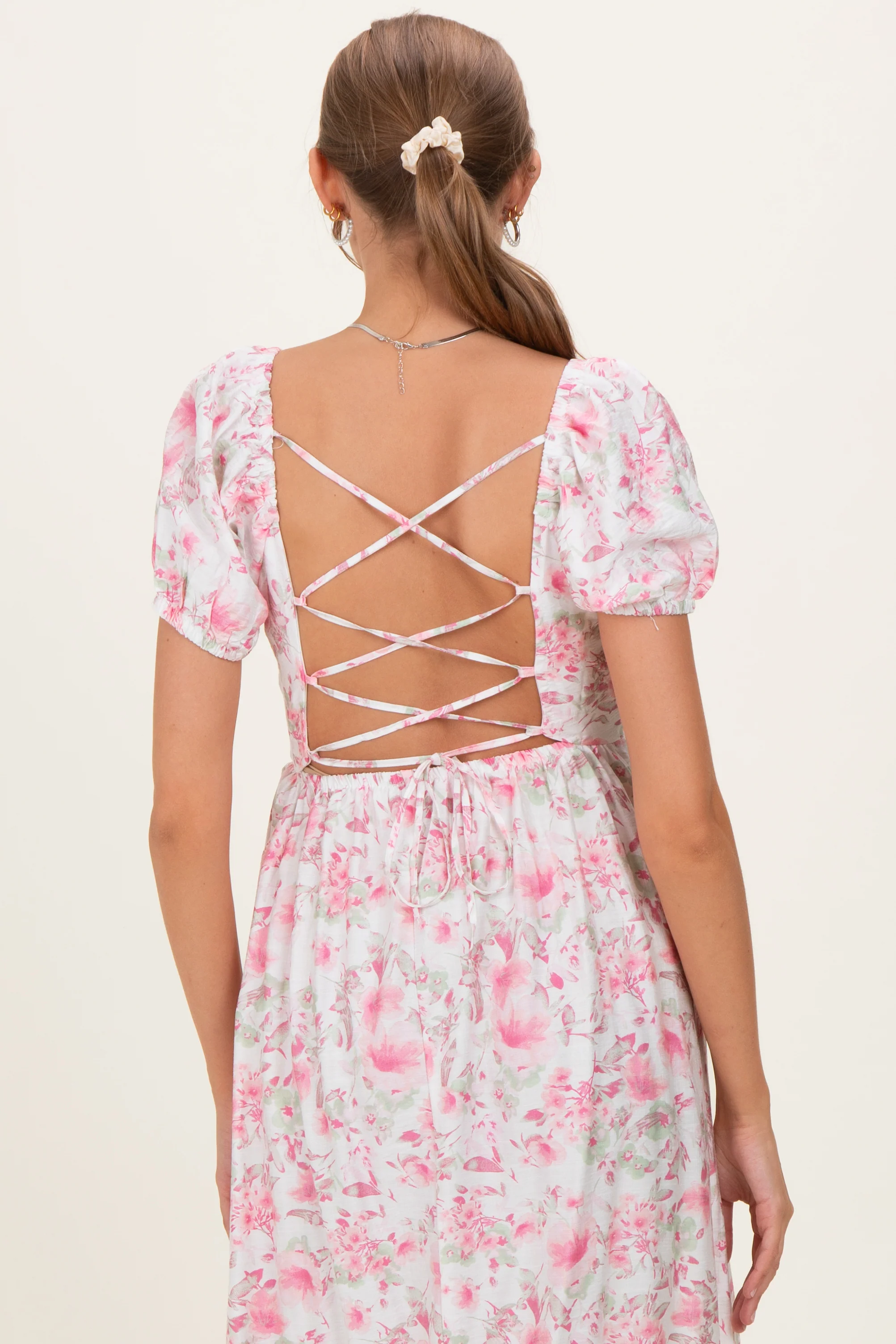 Pink Floral Crisscross Back Maternity Midi Dress - Image 3