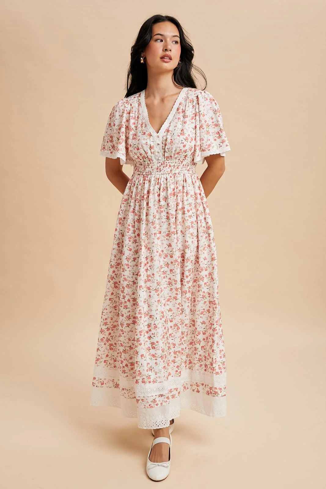 Pink Floral Lace Trim Flutter Sleeve Maxi Dress - Image 3