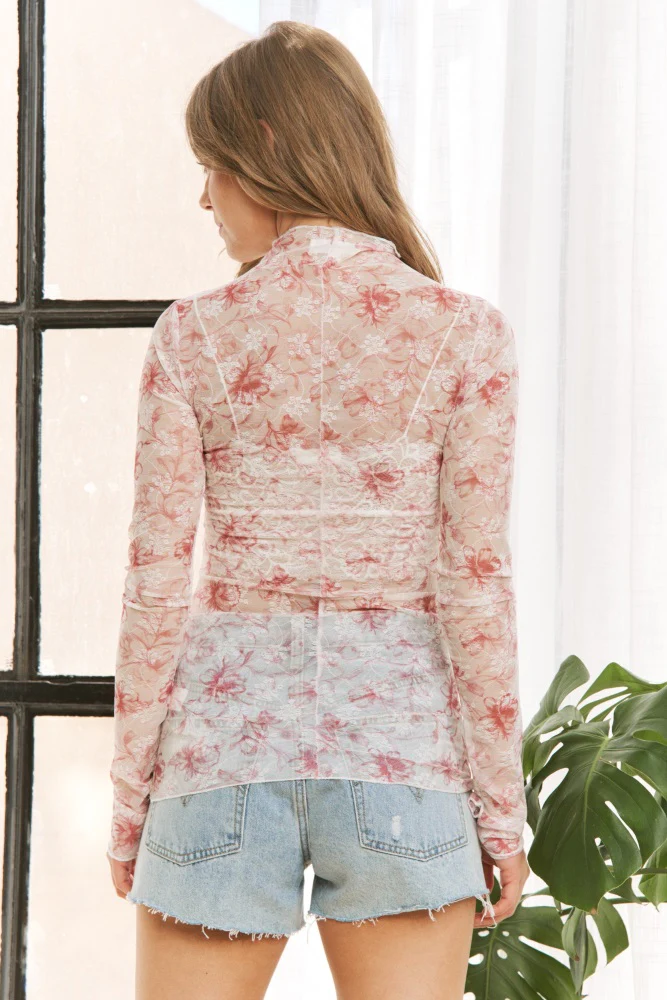 Pink Floral Mesh Lace Long Sleeve Top - Image 4