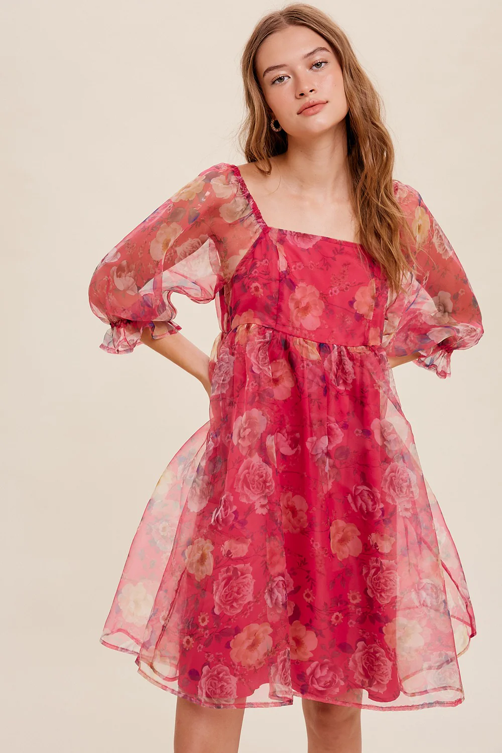 Pink Floral Organza Square Neck Babydoll Dress - Image 2