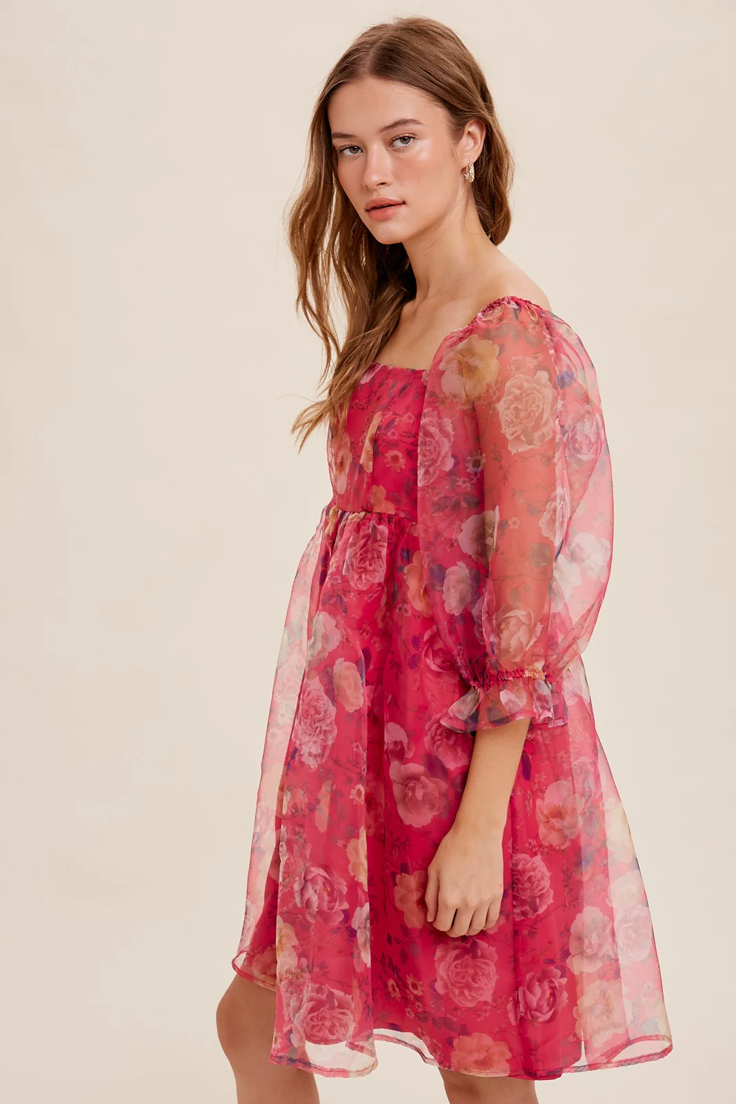Pink Floral Organza Square Neck Babydoll Dress - Image 3