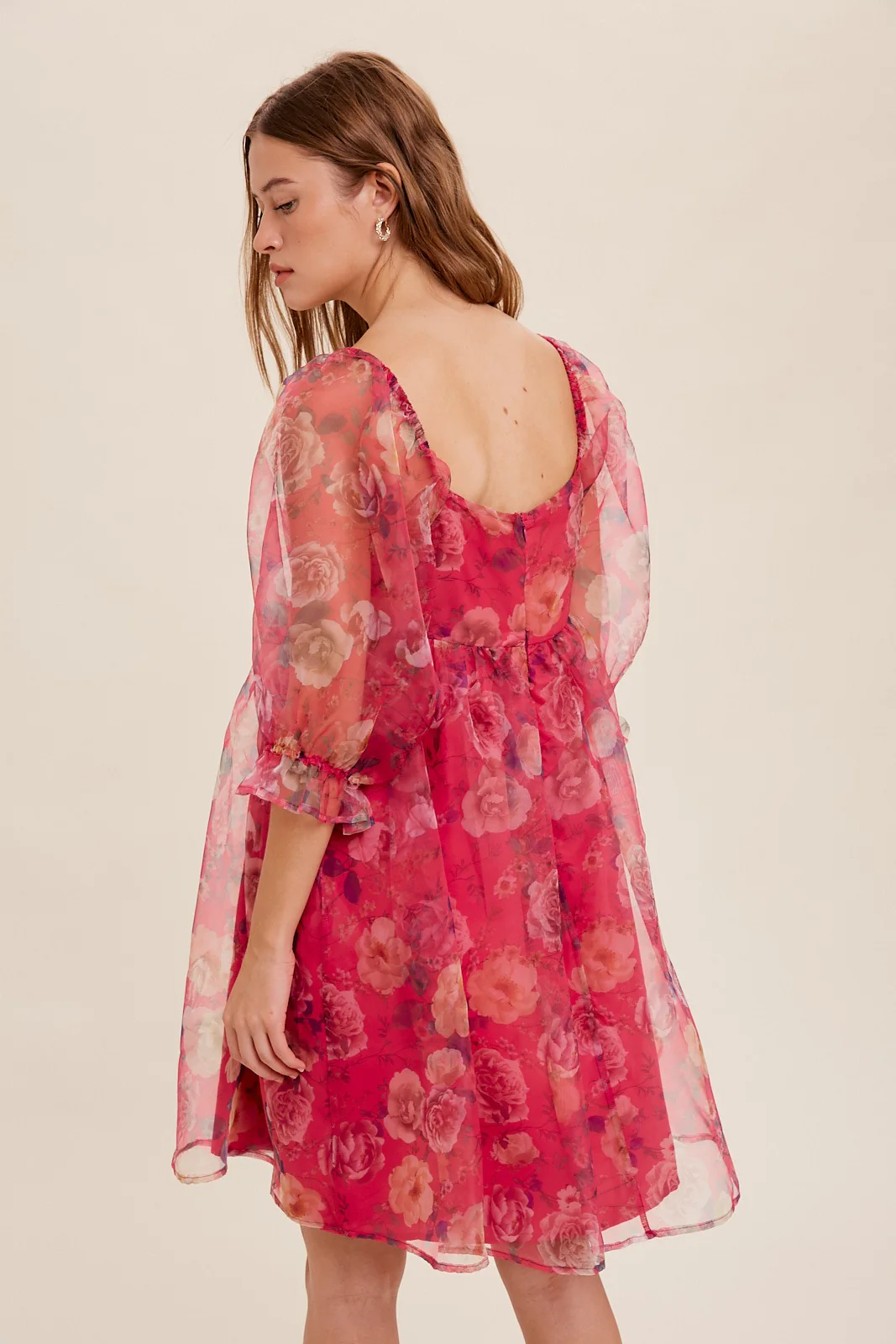 Pink Floral Organza Square Neck Babydoll Dress - Image 4