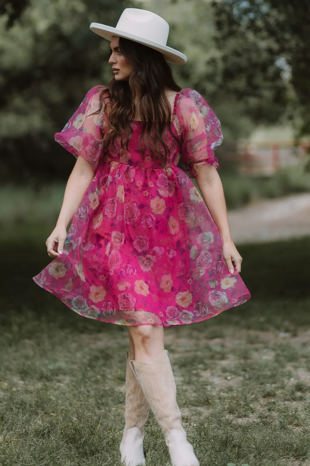 Pink Floral Organza Square Neck Babydoll Dress - Image 6