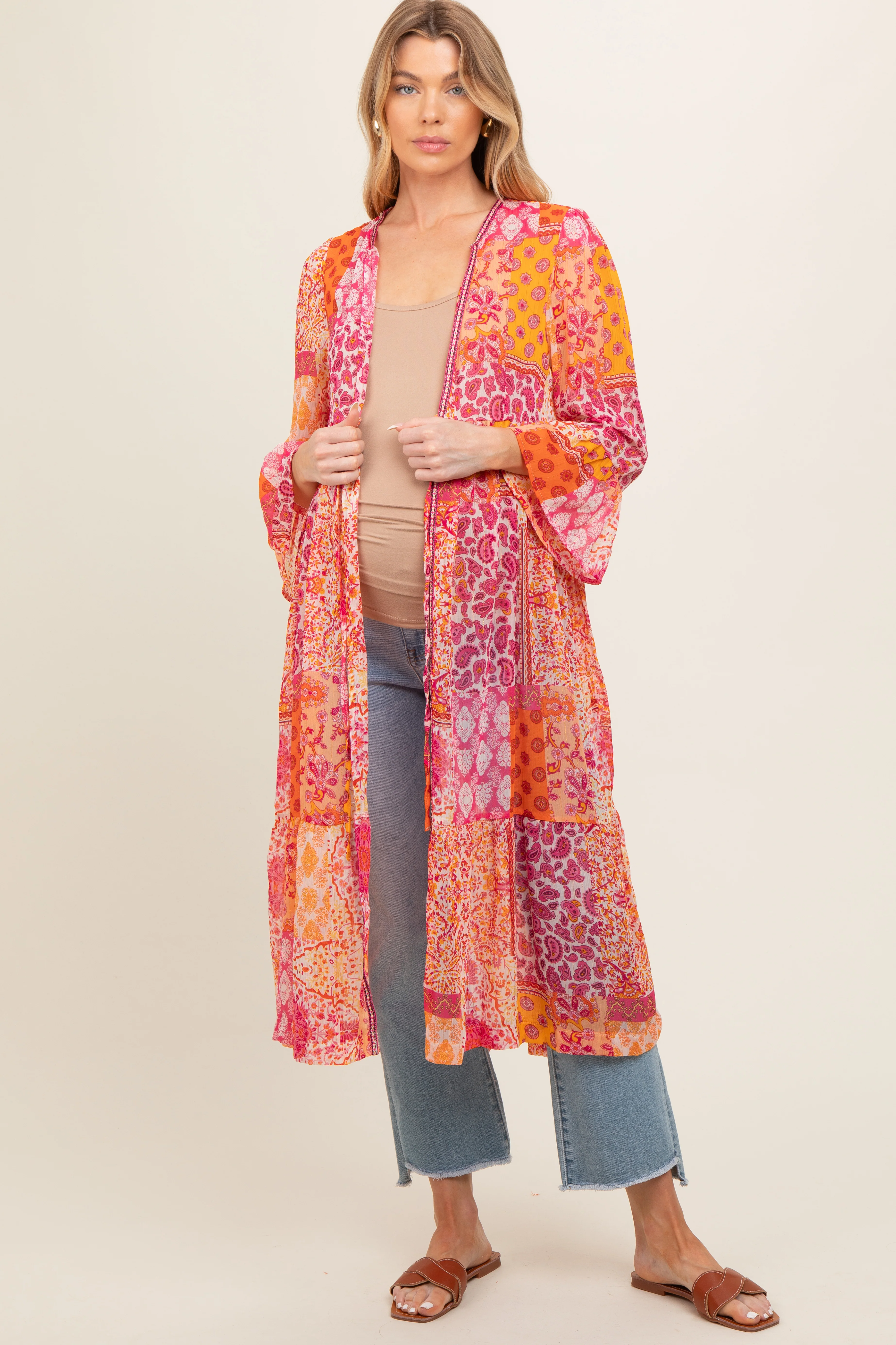 Pink Floral Paisley Metallic Striped Tie Front Maternity Cover Up - Image 6
