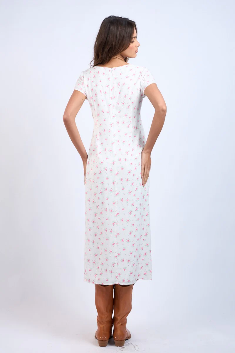 Pink Floral Pattern V-Neck Short Sleeve Long Dress - Image 6