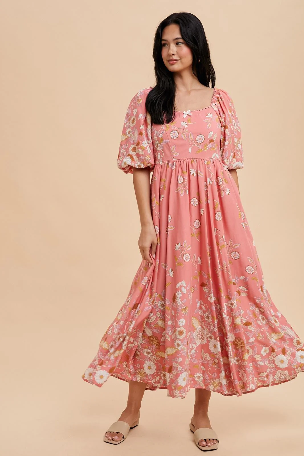 Pink Floral Print Puff Sleeve Maternity Maxi Dress - Image 5