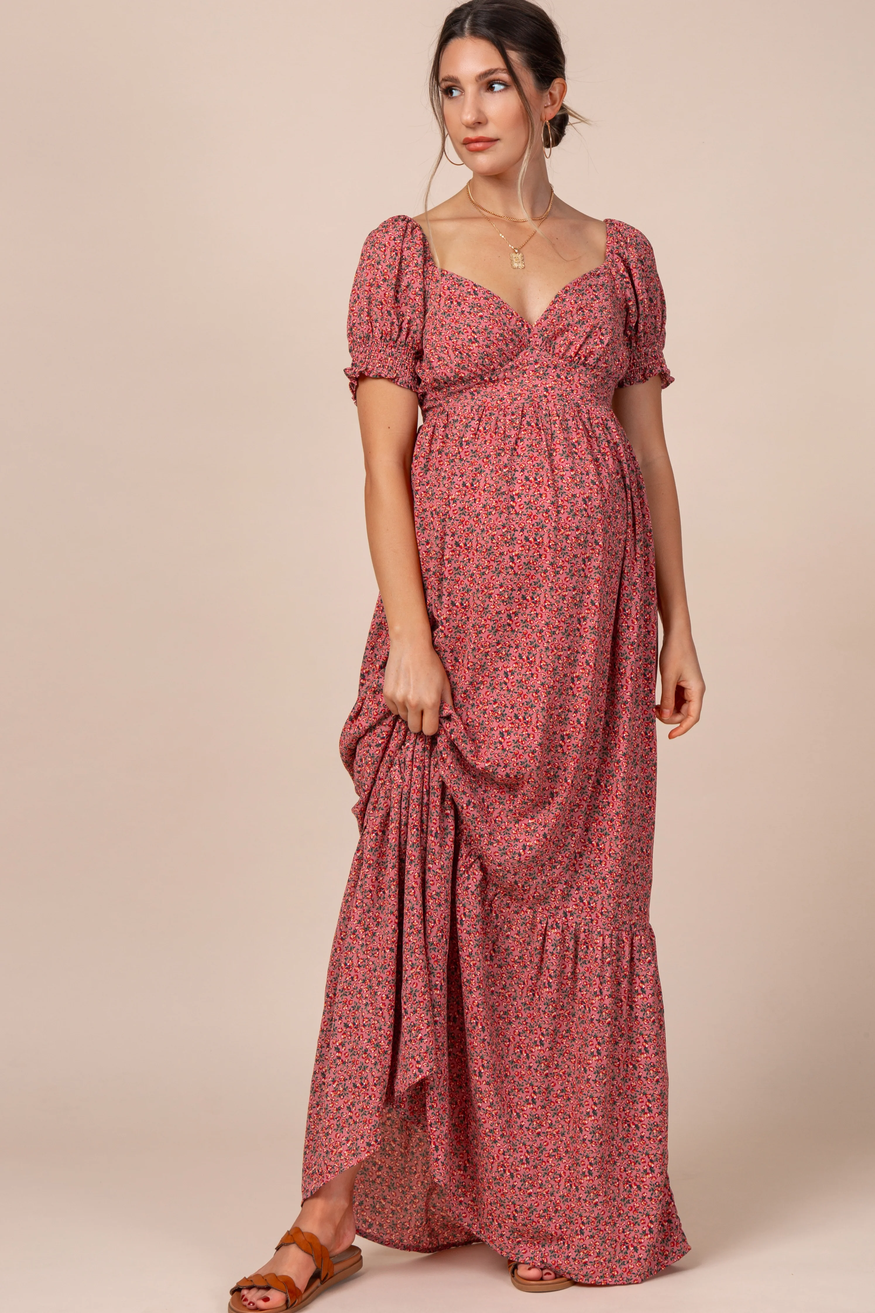 Pink Floral Puff Sleeve Maternity Maxi Dress - Image 2