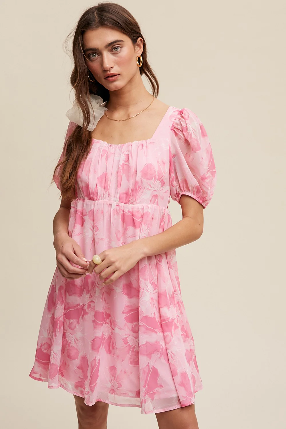 Pink Floral Puff Sleeve Maternity Mini Dress - Image 7