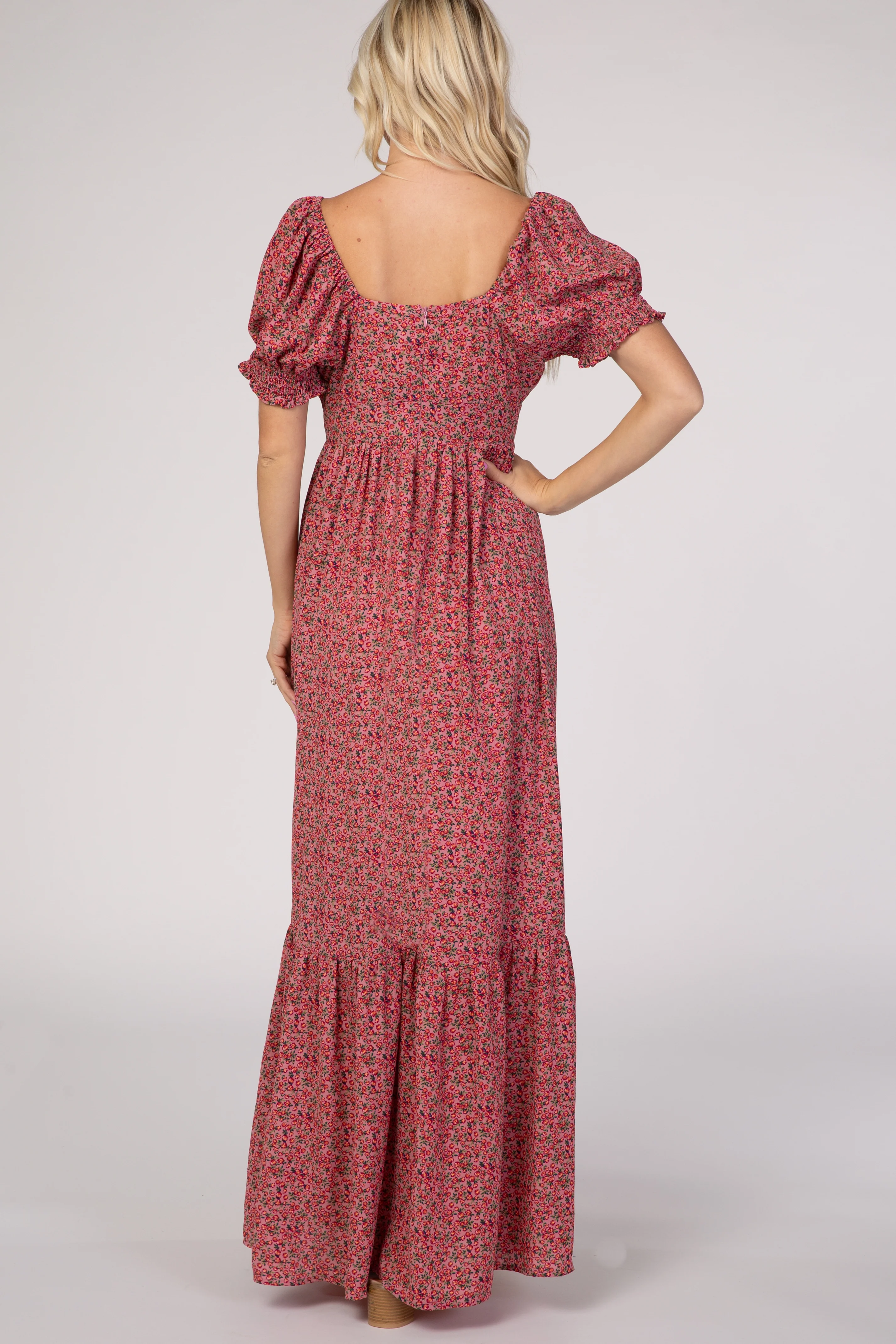 Pink Floral Puff Sleeve Maxi Dress - Image 11