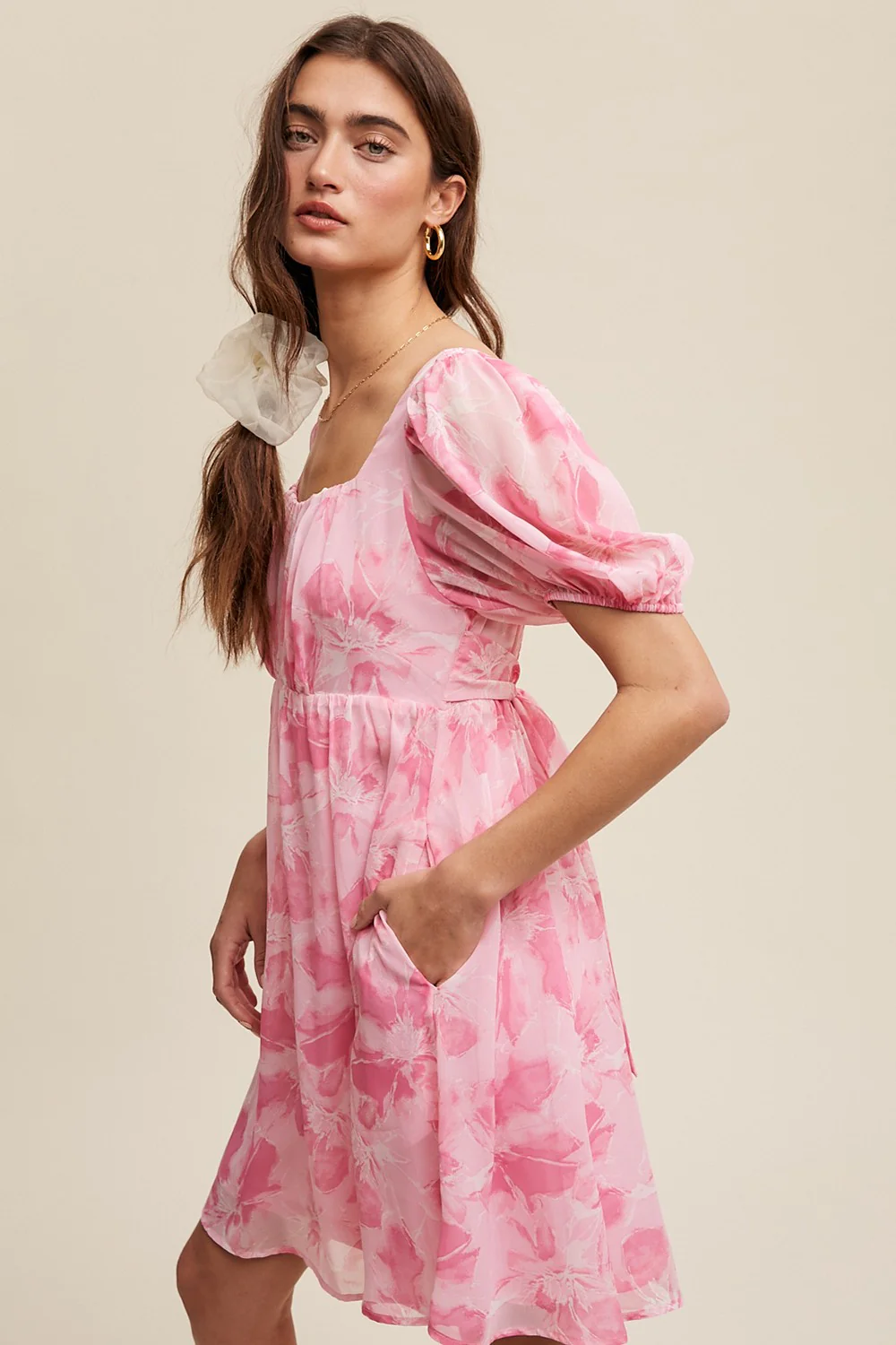 Pink Floral Puff Sleeve Mini Dress - Image 2