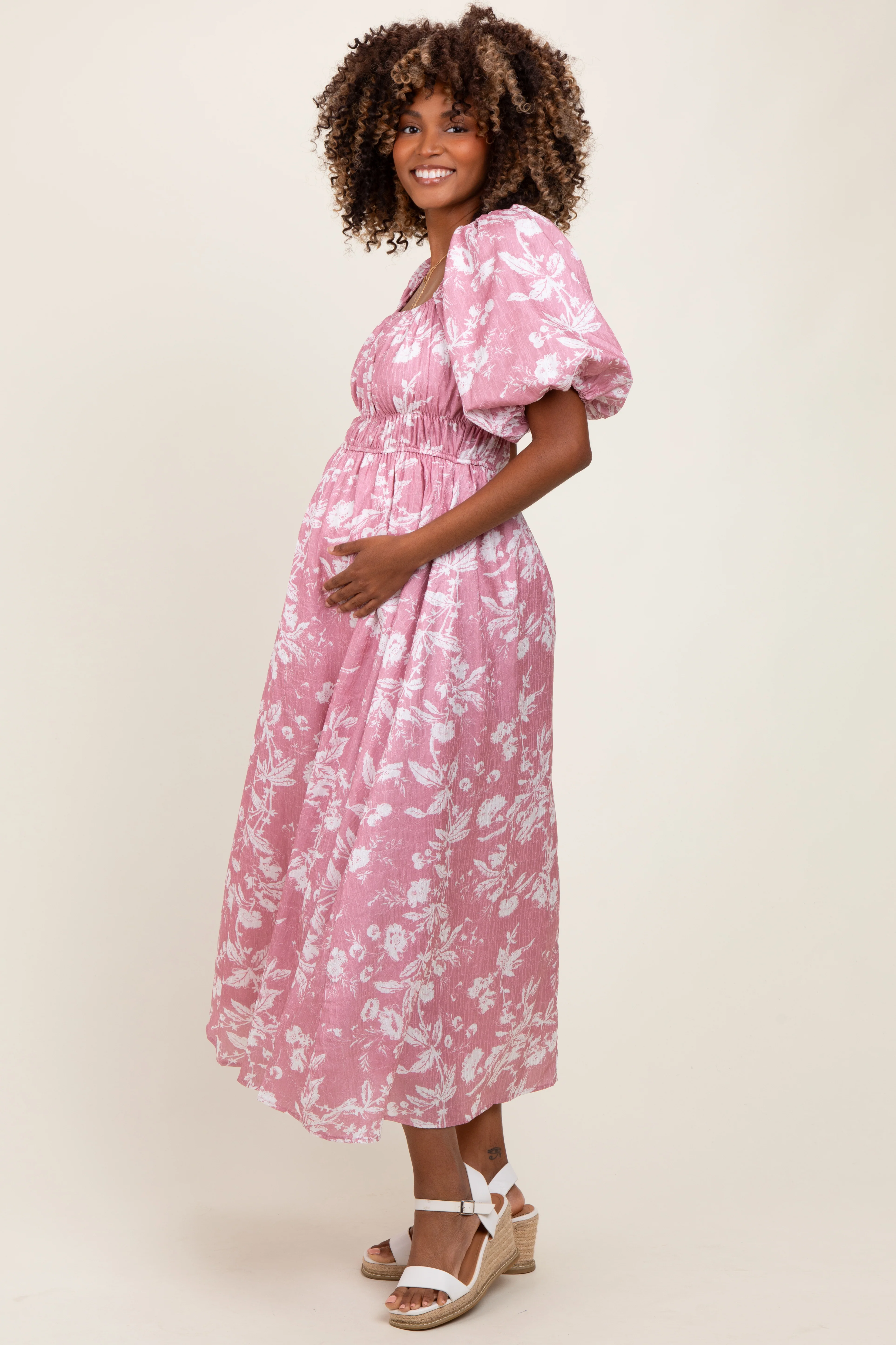 Pink Floral Puff Sleeve Smocked Waist Maternity Midi Dress - Image 3