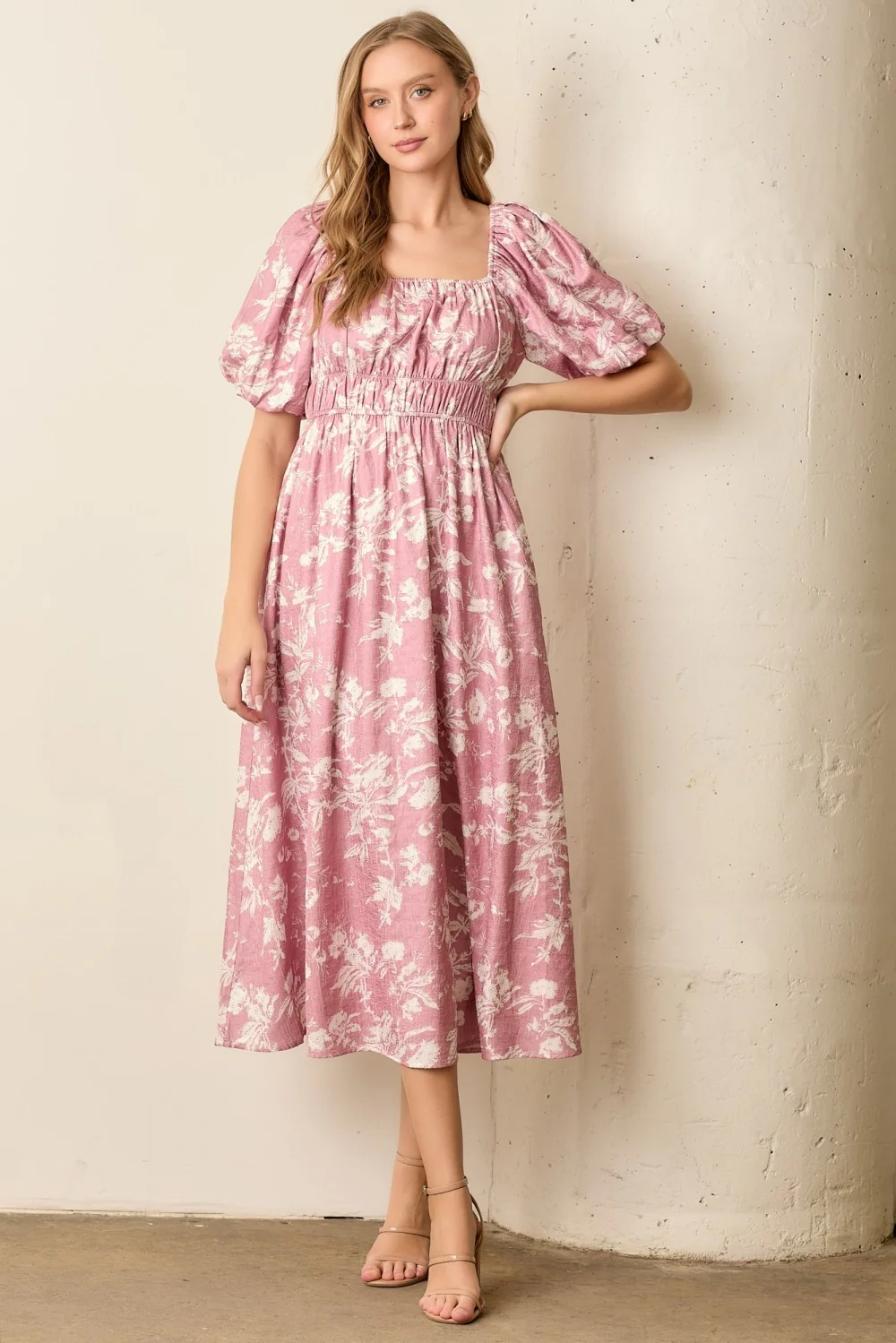 Pink Floral Puff Sleeve Smocked Waist Maternity Midi Dress - Image 5