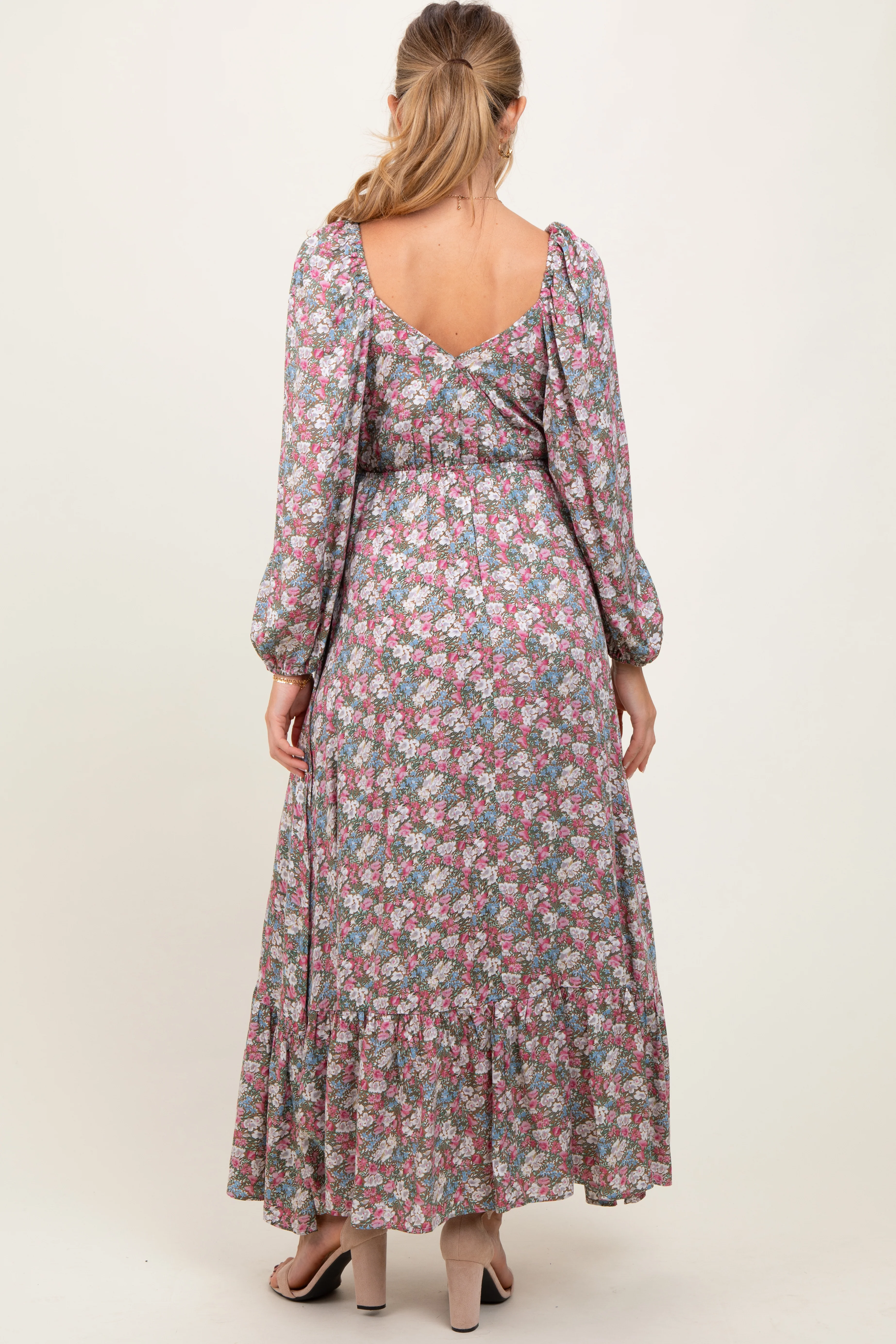 Pink Floral Reversible Long Sleeve Maternity Maxi Dress - Image 4