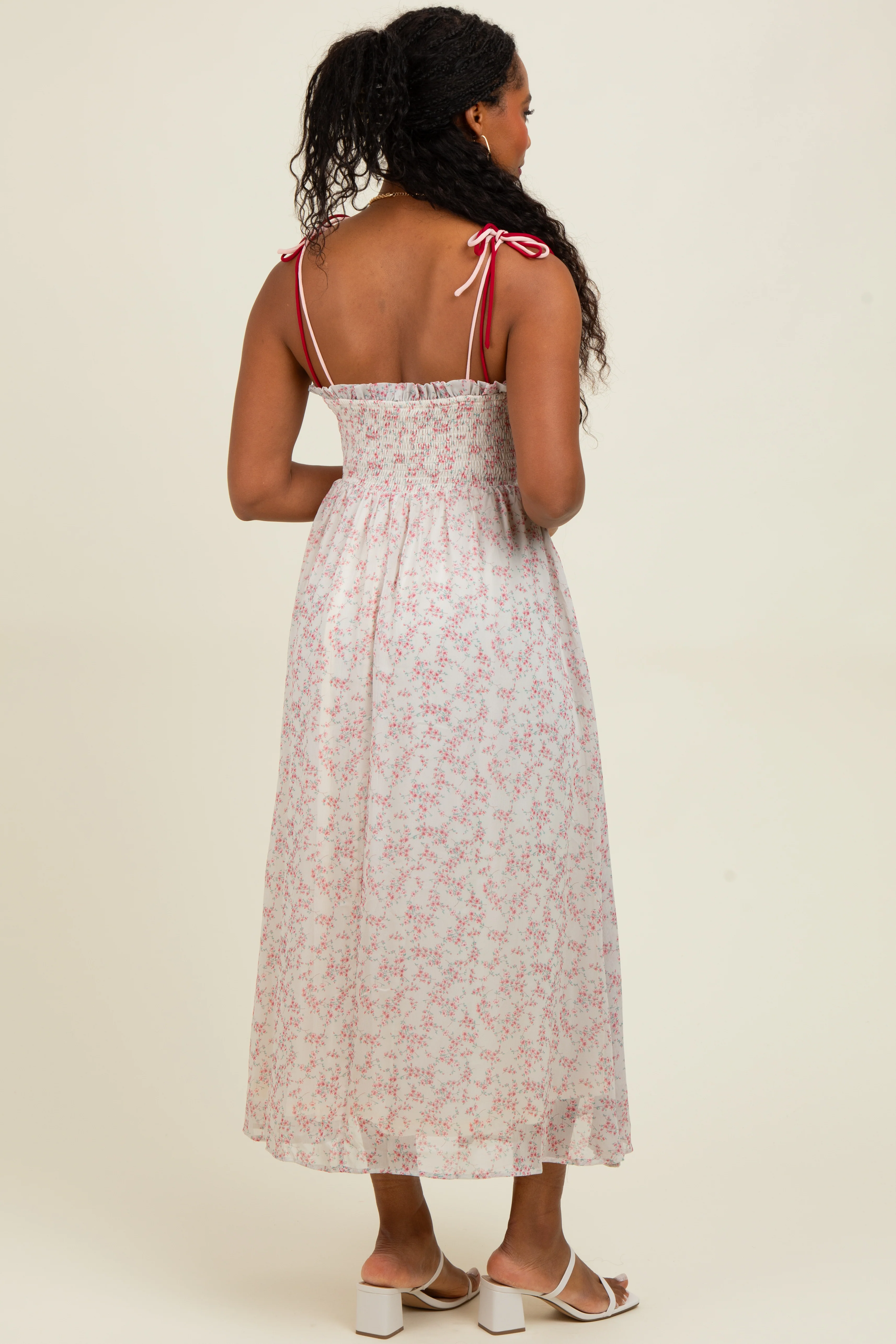 Pink Floral Ruffle Detail Shoulder Tie Midi Dress - Image 4