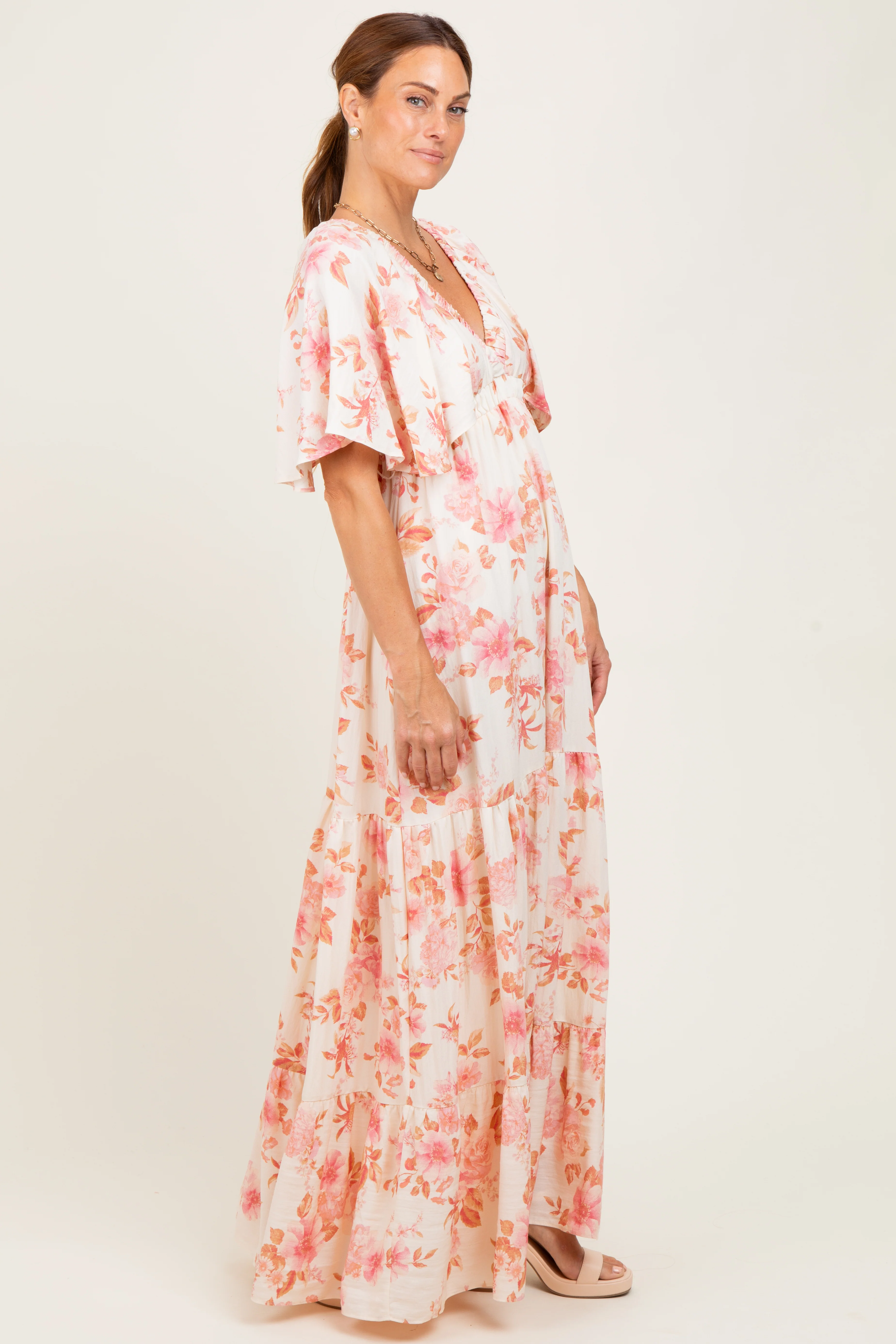 Pink Floral Satin Short Sleeve Deep V-Neck Tiered Maxi Dress - Image 3