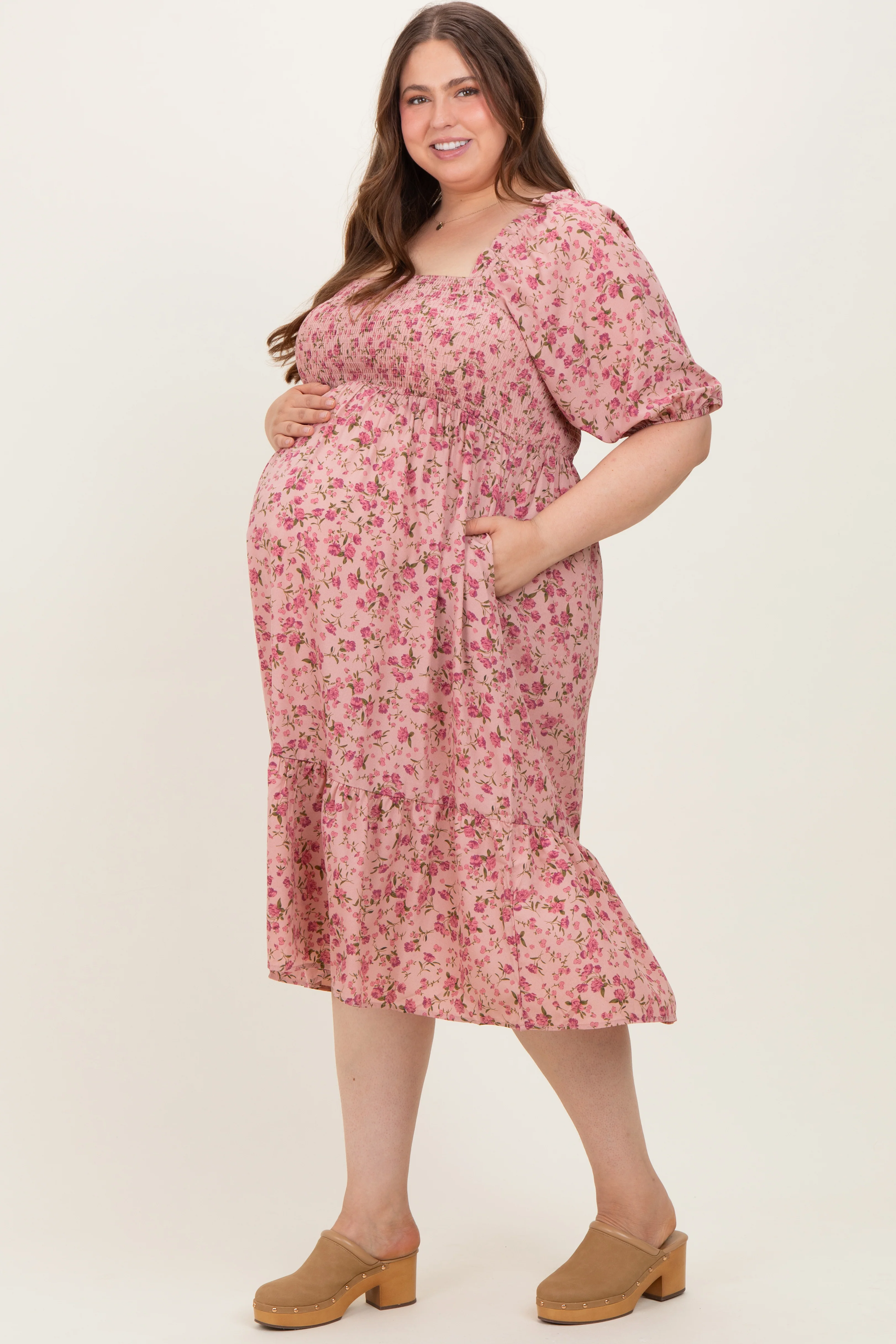 Pink Floral Smocked Maternity Plus Midi Dress - Image 3