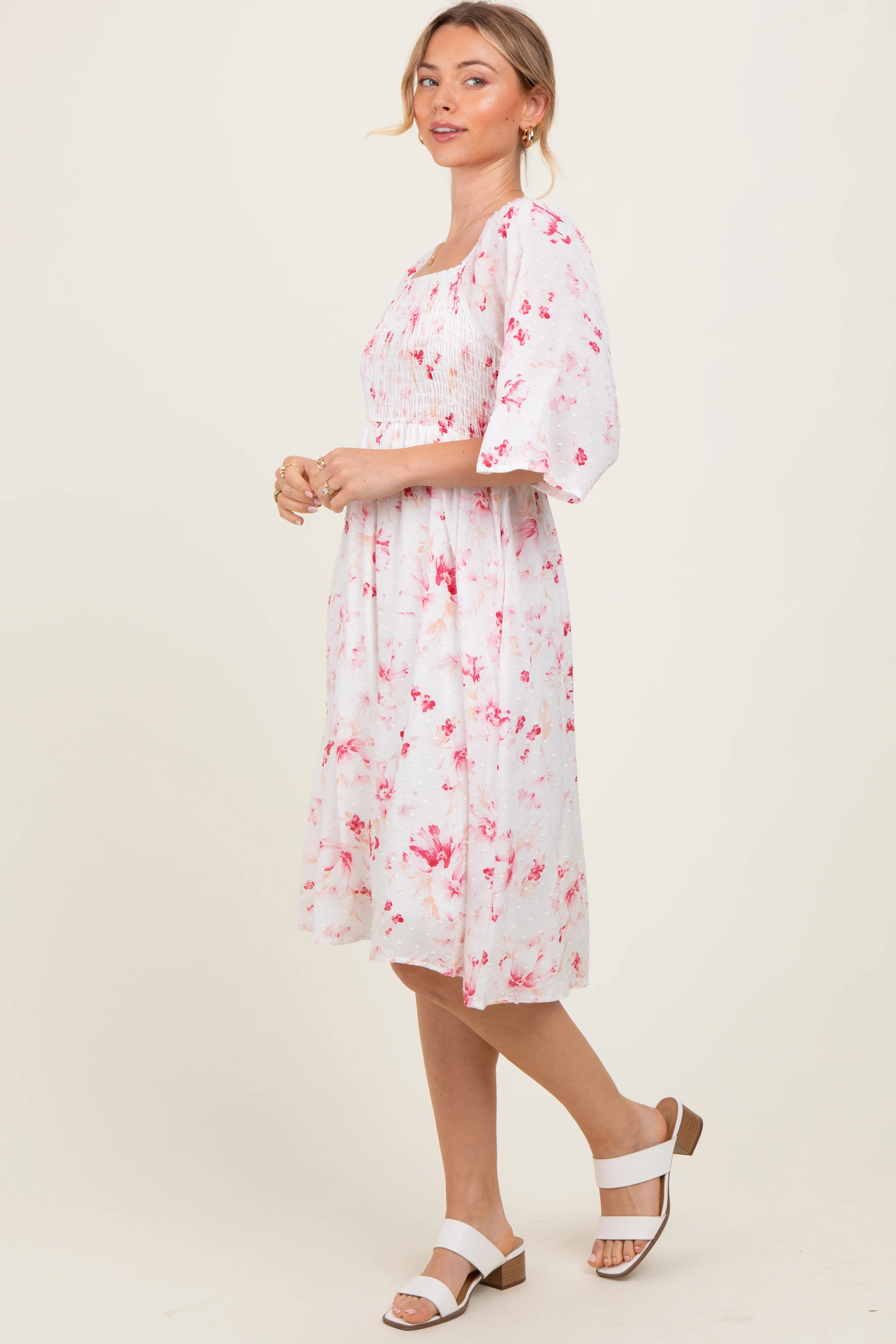 Pink Floral Smocked Midi Dress - Image 3