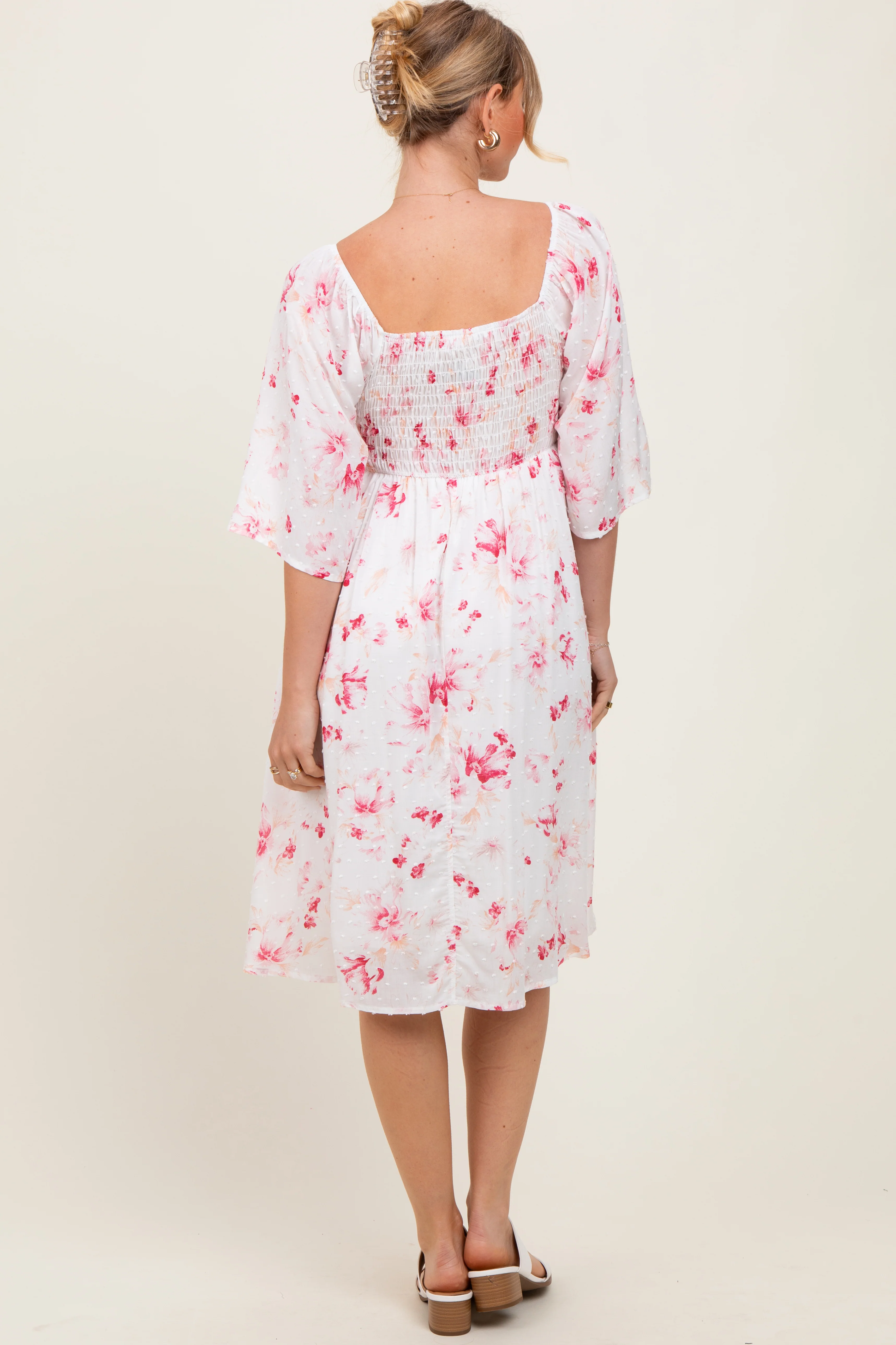 Pink Floral Smocked Midi Dress - Image 4
