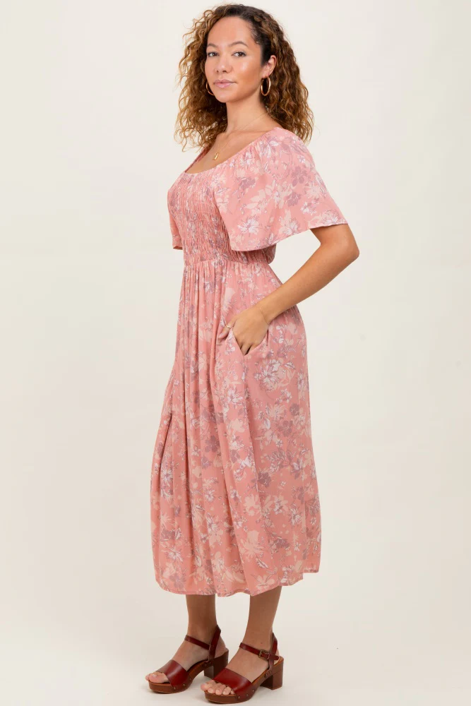 Pink Floral Smocked Midi Dress - Image 3