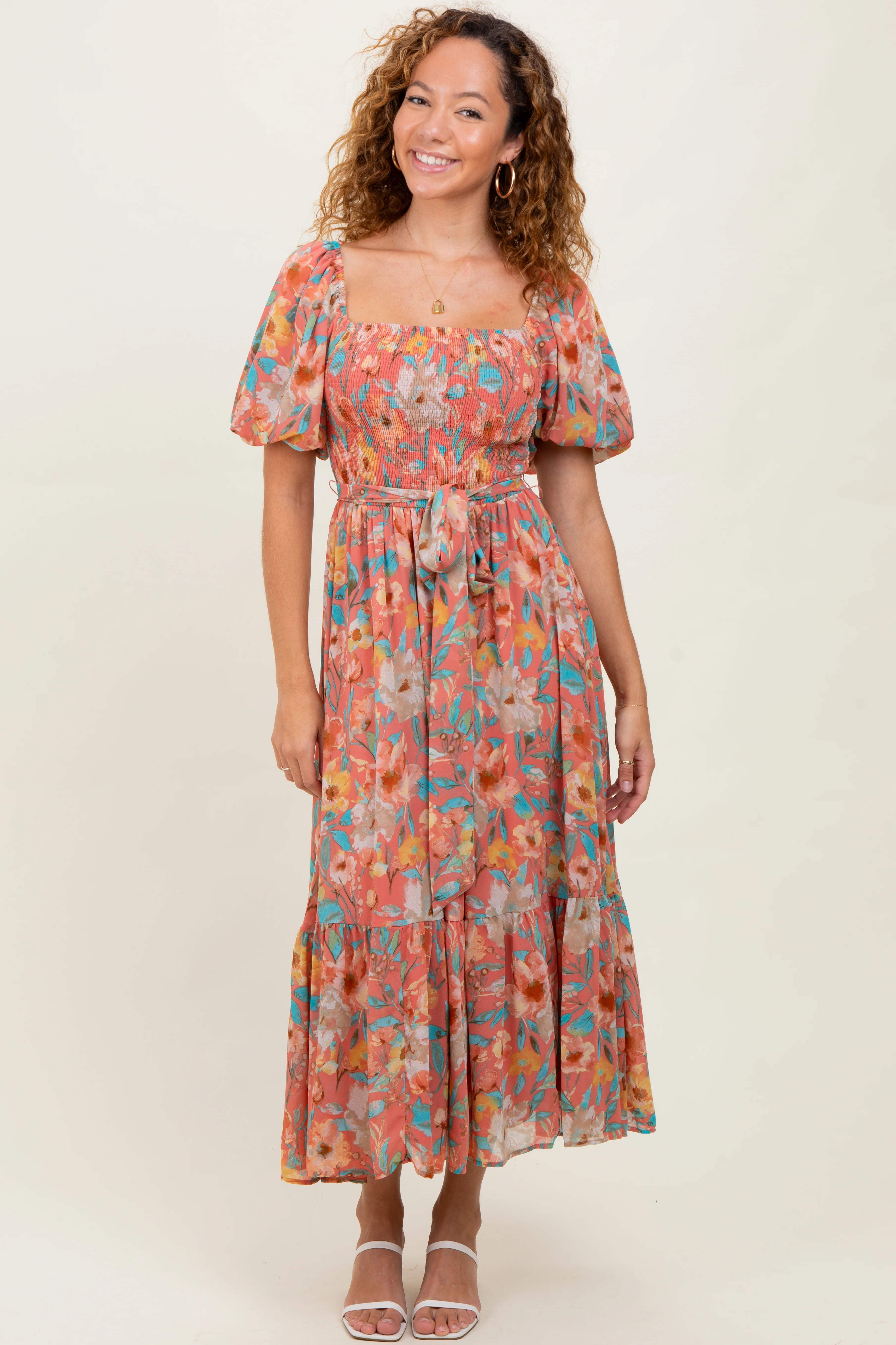 Pink Floral Smocked Puffed Sleeve Maternity Midi Dress - Image 4