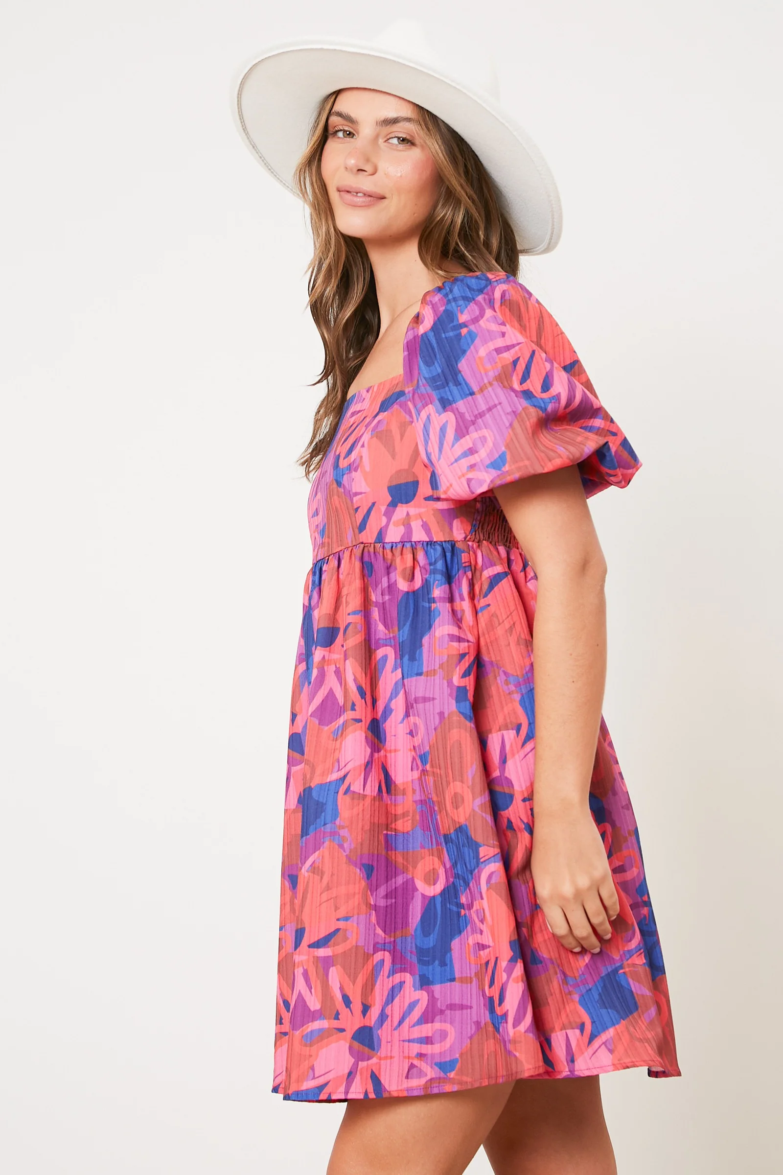 Pink Floral Square Neck Puff Sleeve Dress - Image 2