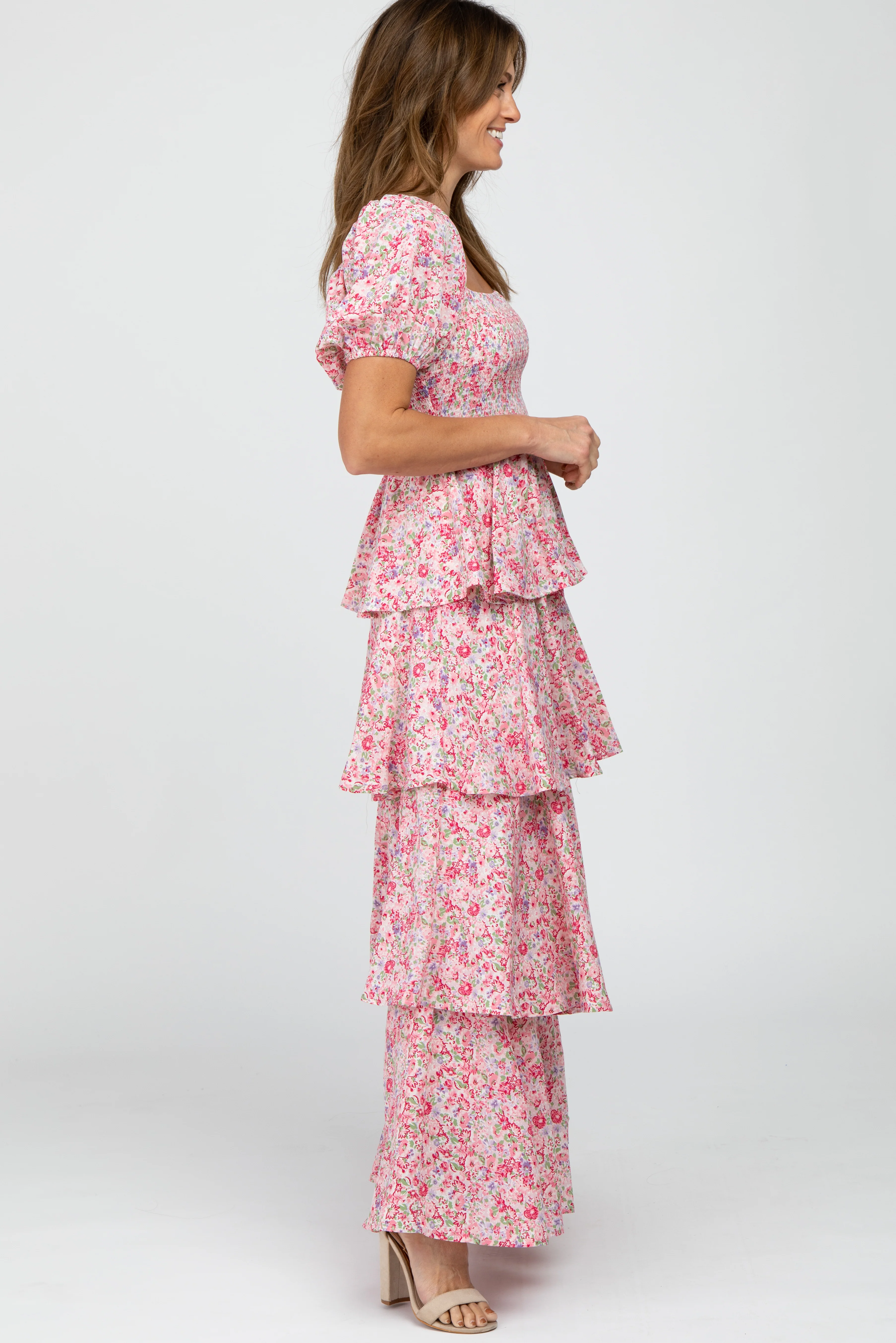 Pink Floral Square Neck Ruffle Layered Maxi Dress - Image 5