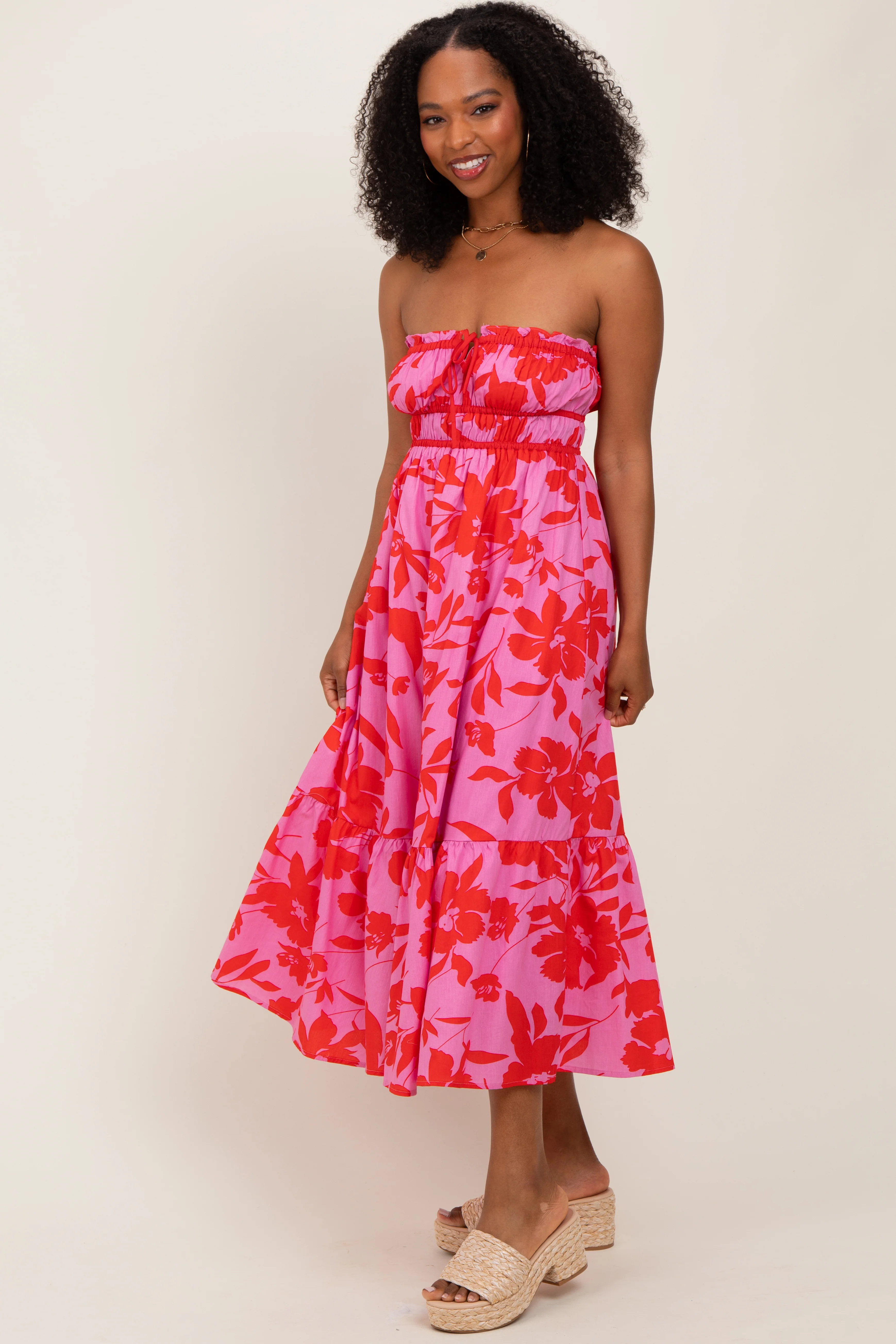 Pink Floral Strapless Front Tie Midi Dress - Image 2