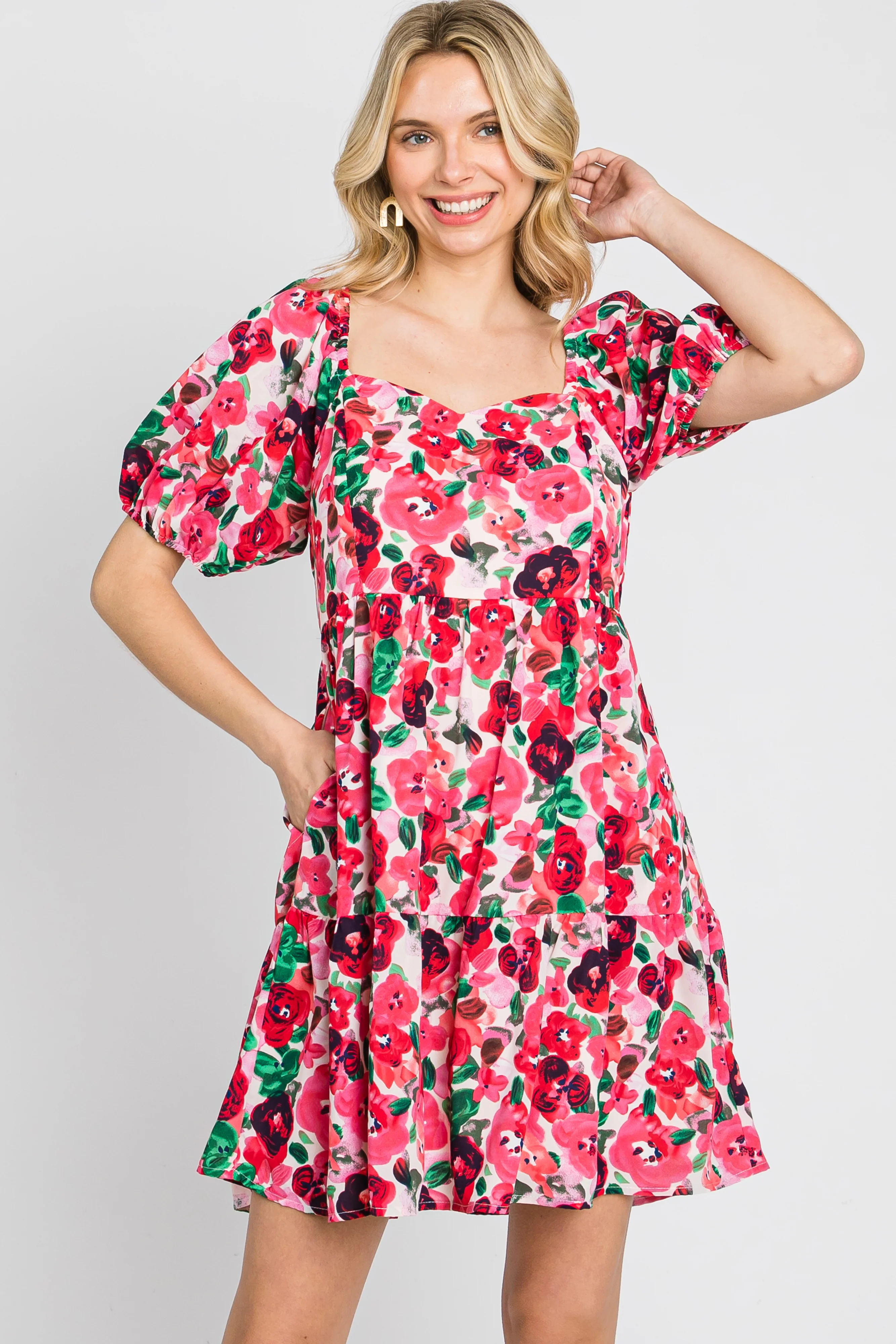 Pink Floral Sweetheart Neck Short Puff Sleeve Dress - Image 2
