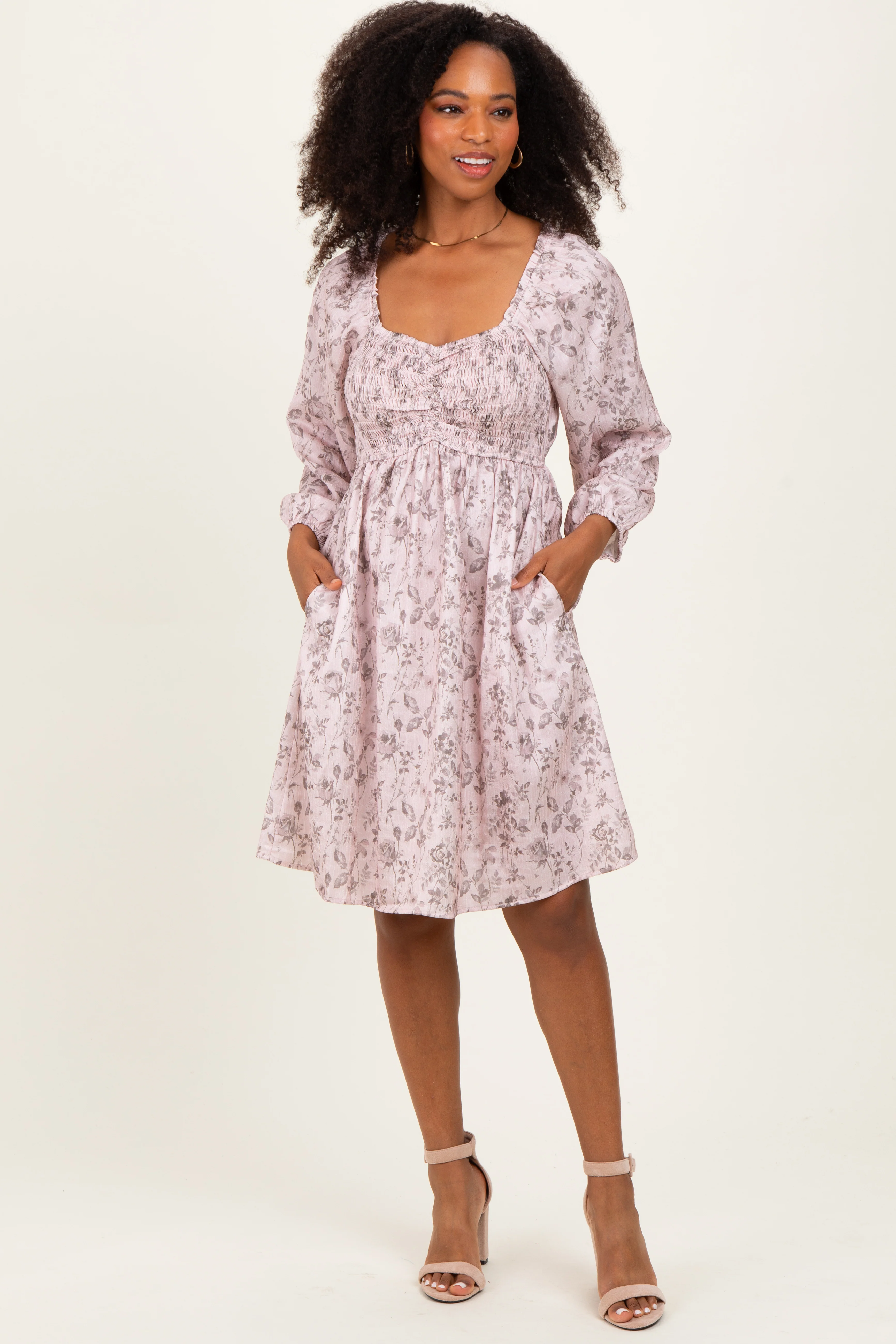 Pink Floral Sweetheart Neck Smocked Maternity Dress - Image 6