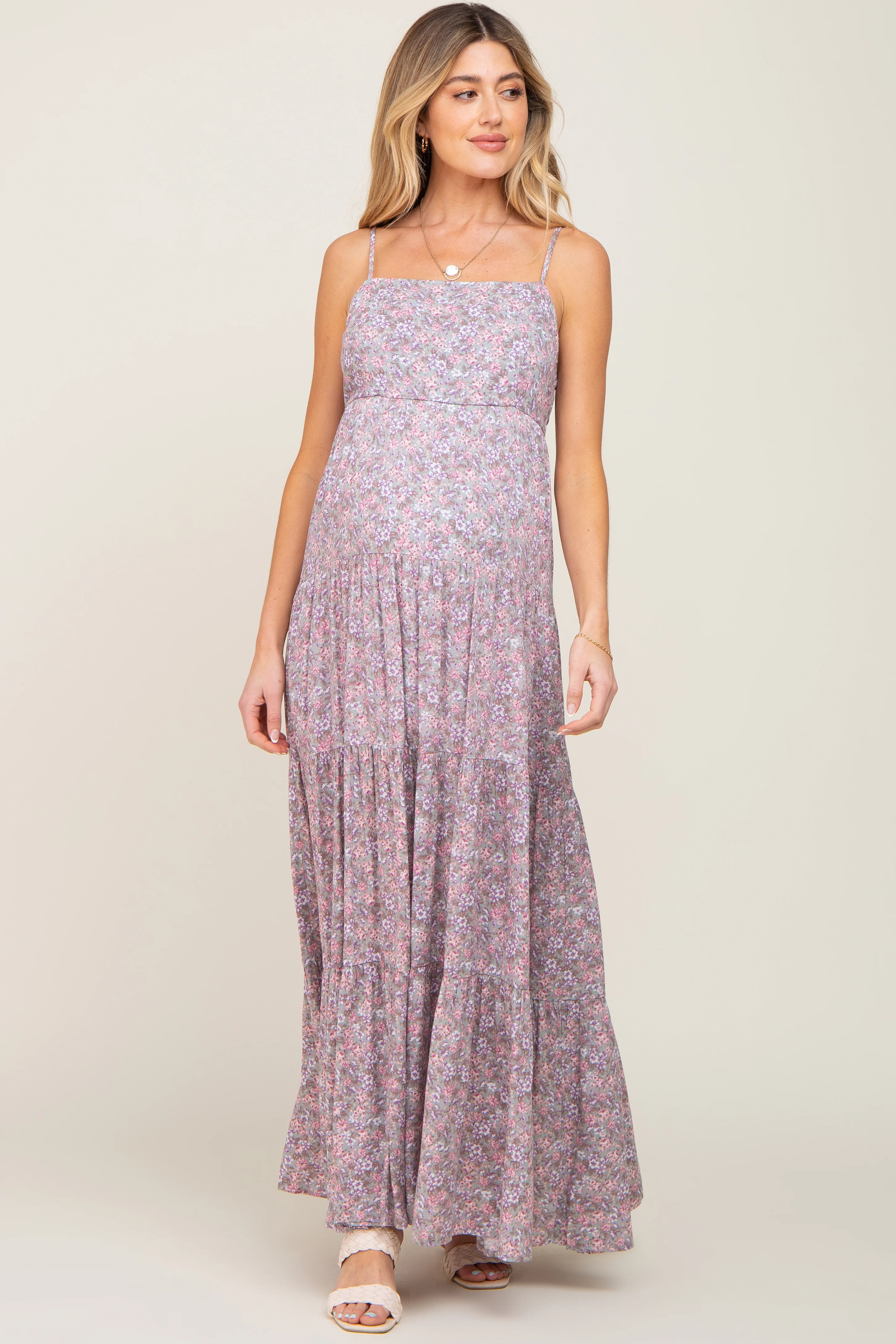 Pink Floral Tiered Maternity Maxi Dress - Image 3