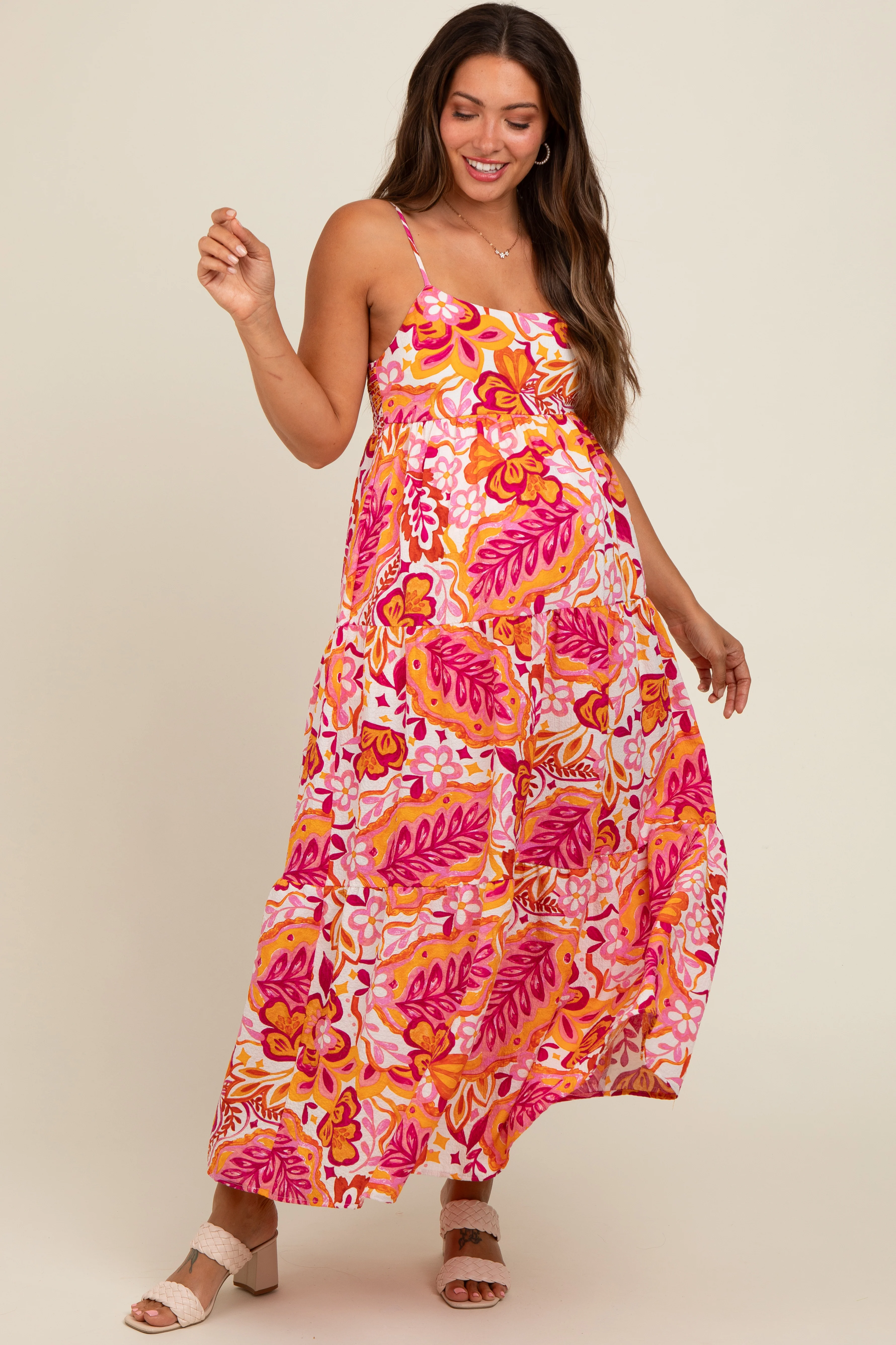 Pink Floral Tiered Maternity Maxi Dress - Image 2