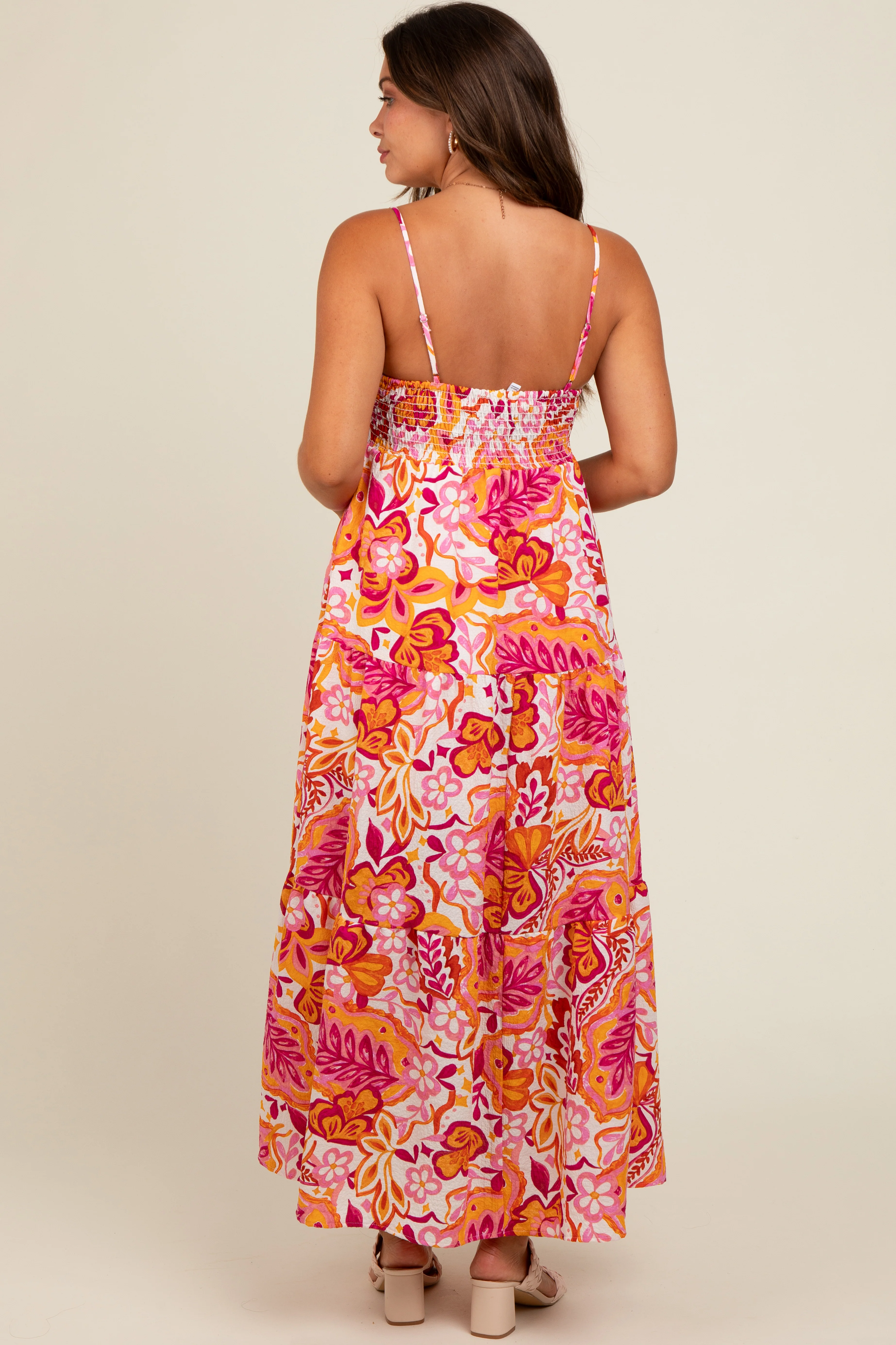 Pink Floral Tiered Maternity Maxi Dress - Image 3