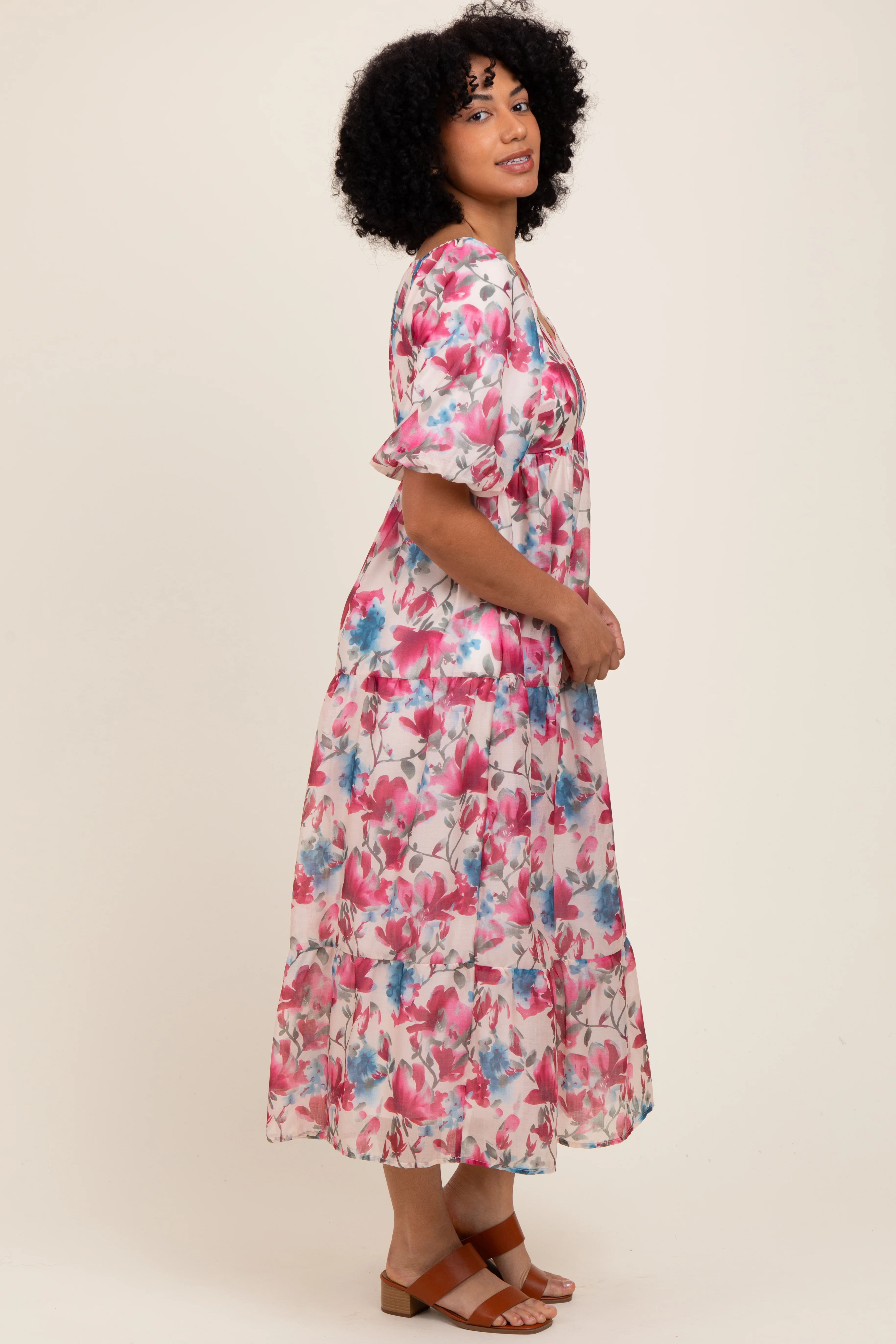 Pink Floral Tiered Puff Sleeve Midi Dress - Image 3