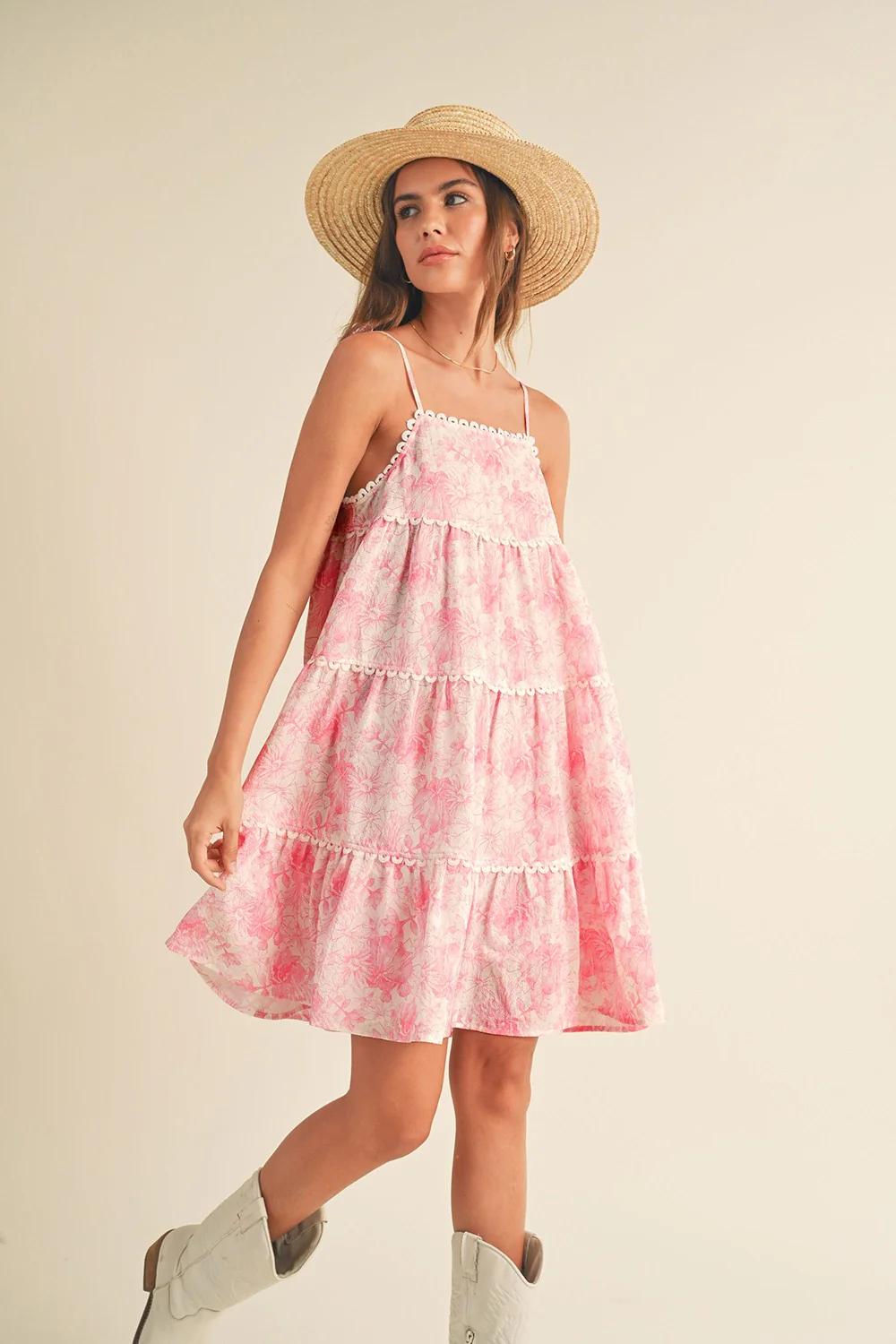 Pink Floral Tiered Scallop Trim Mini Dress - Image 2