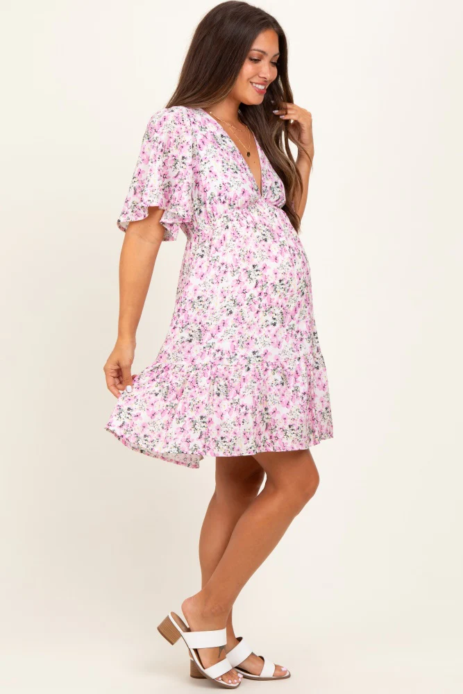 Pink Floral V-Neck Flutter Sleeve Maternity Mini Dress - Image 3
